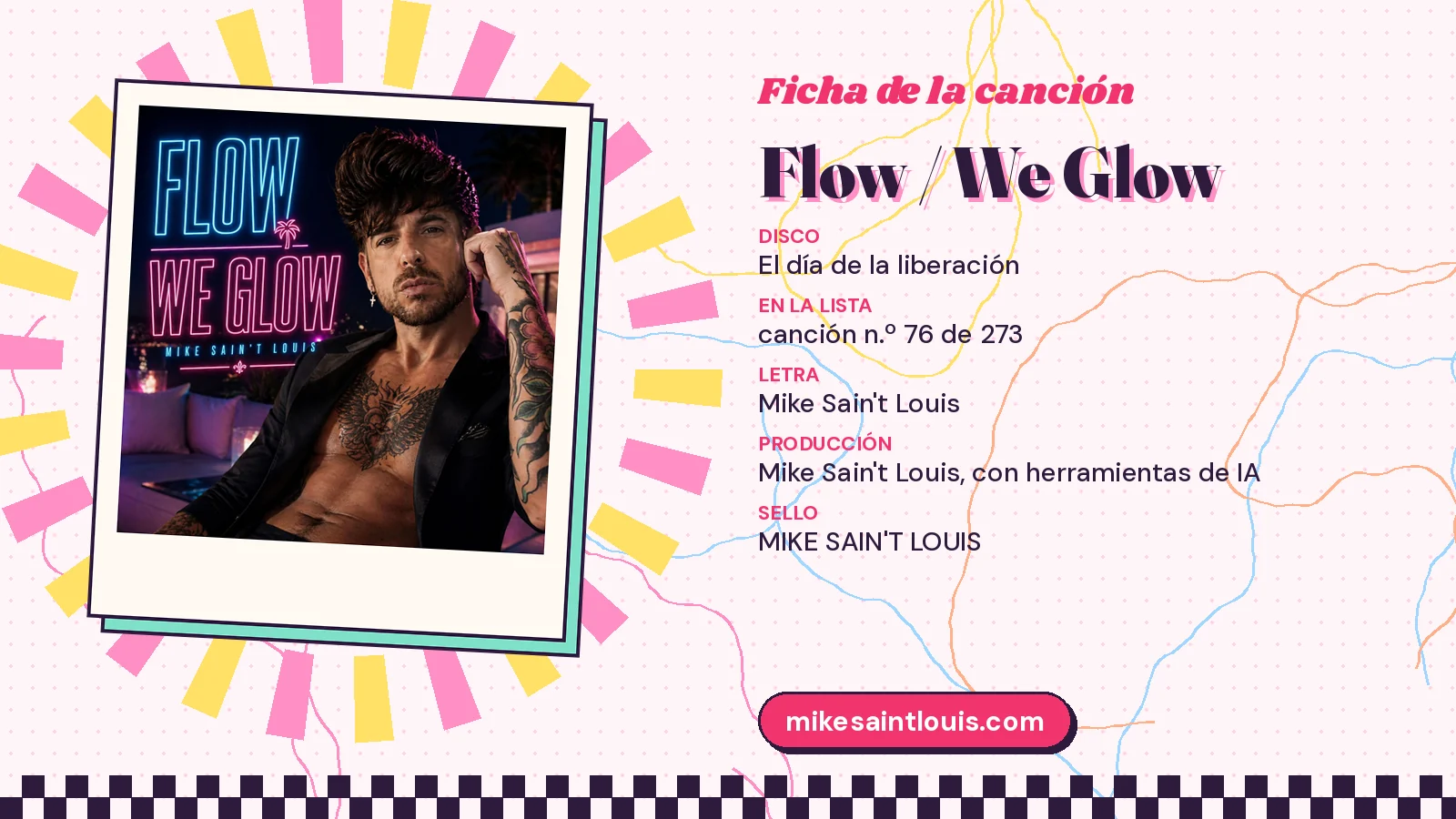 Ficha de la canción «Flow / We Glow» con su carátula: disco «El día de la liberación», letra y producción de Mike Sain't Louis
