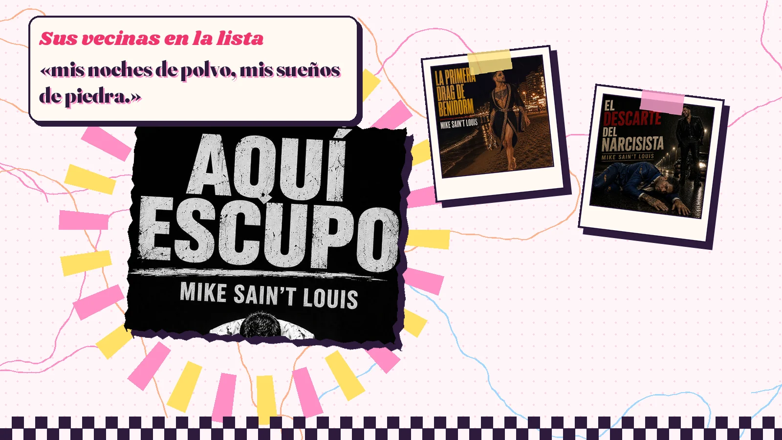 Collage with a detail of the «Aquí escupo» cover art and the covers of «La primera drag de Benidorm» and «El Descarte del Narcisista»