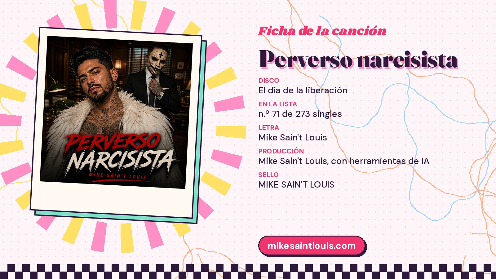 Ficha de la canción «Perverso narcisista» con su carátula: disco «El día de la liberación», letra y producción de Mike Sain't Louis