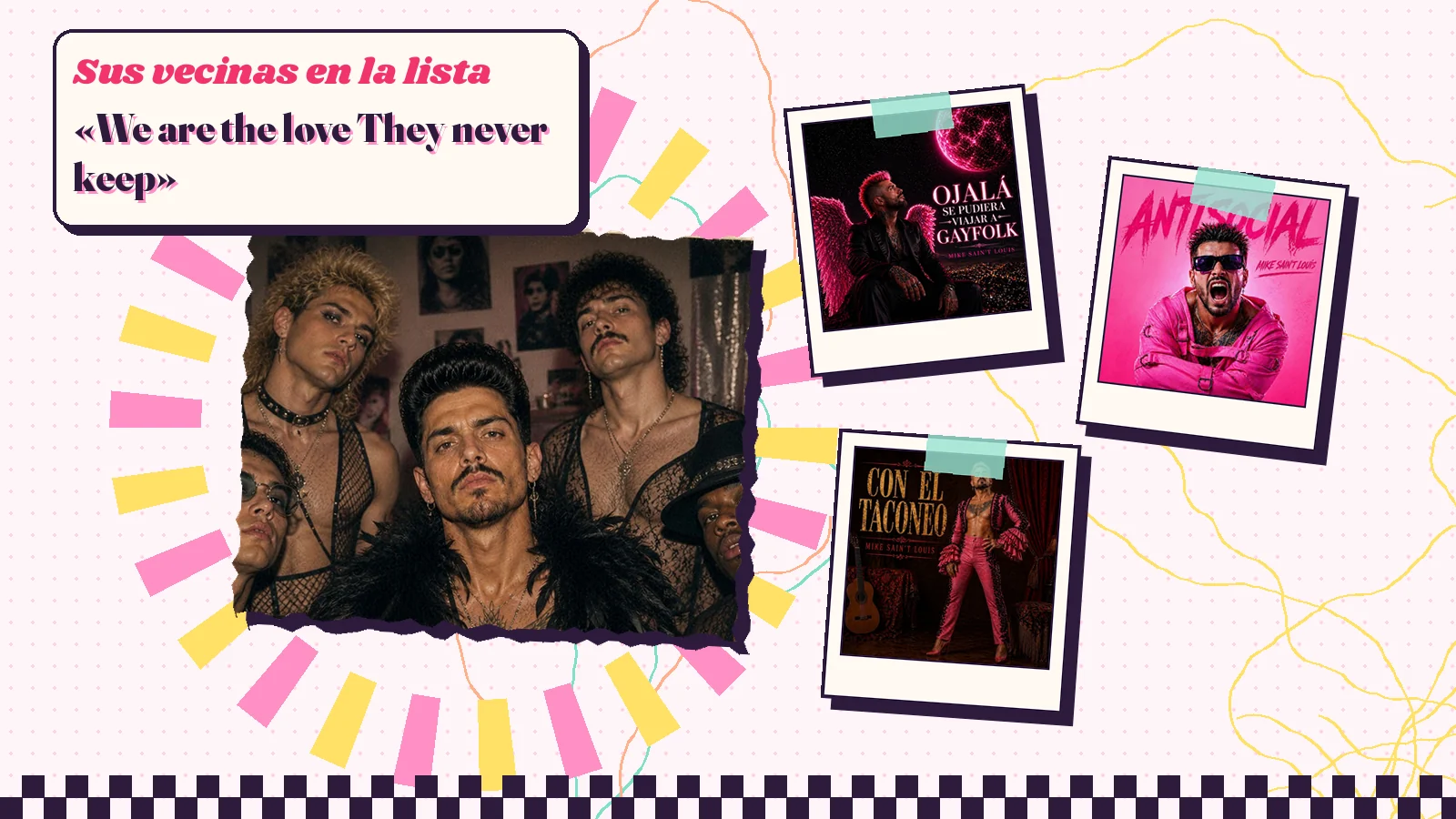 Collage con un detalle de la carátula de «Boys Like Us» y las carátulas de «Ojalá se pudiera viajar a GAYFOLK», «Antisocial», «Con el taconeo»