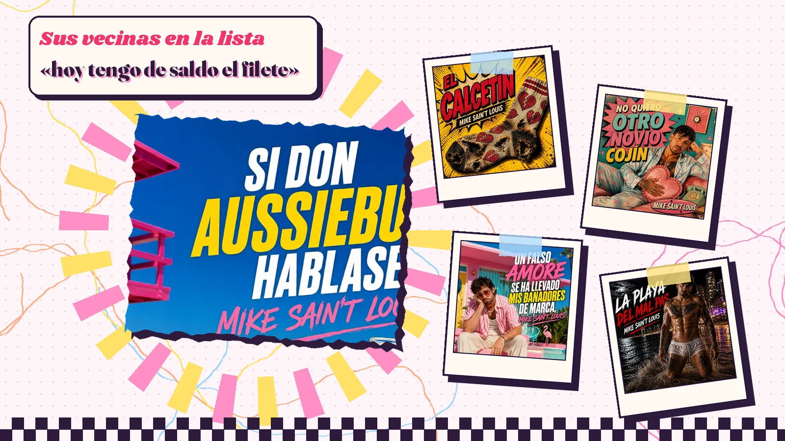 Collage with a detail of the «Si Don AussieBum hablase» cover art and the covers of «El calcetín», «No quiero otro novio cojín», «Un falso amore se ha llevado mis bañadores de marca» and «La playa del Mal Pas»