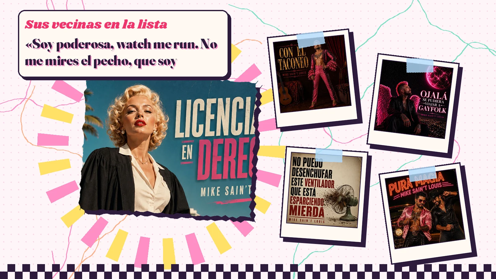 Collage con un detalle de la carátula de «Licenciada en derecho» y las carátulas de «Con el Taconeo», «Ojalá se Pudiera Viajar a Gayfolk», «No puedo desenchufar este ventilador que está esparciendo mierda», «Pura Magia»