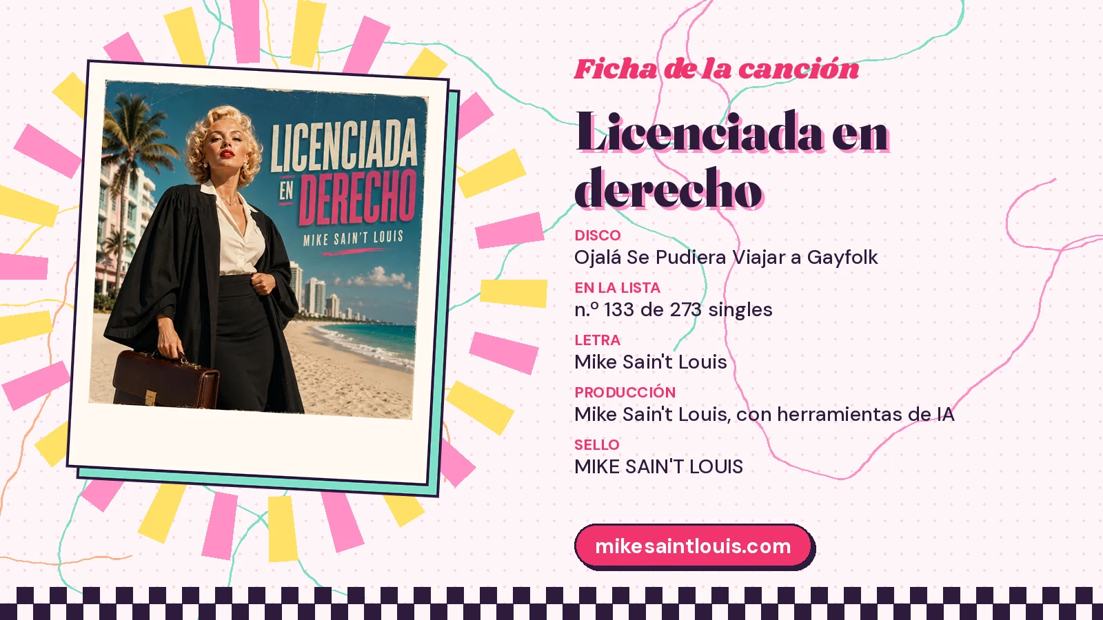 Ficha de la canción «Licenciada en derecho» con su carátula: disco «Ojalá Se Pudiera Viajar a Gayfolk», letra y producción de Mike Sain't Louis