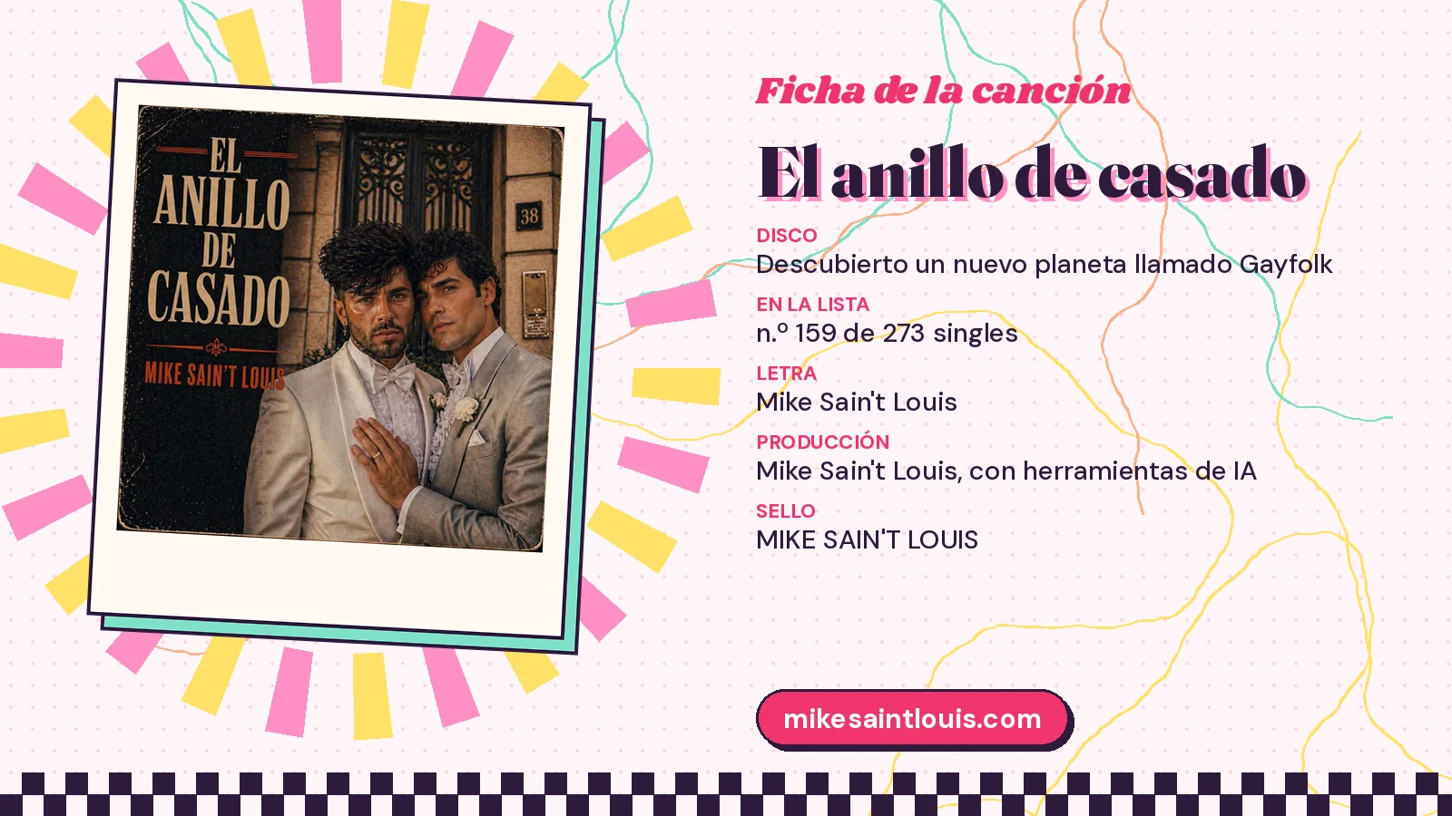 Ficha de la canción «El anillo de casado» con su carátula: disco «Descubierto un nuevo planeta llamado Gayfolk», letra y producción de Mike Sain't Louis