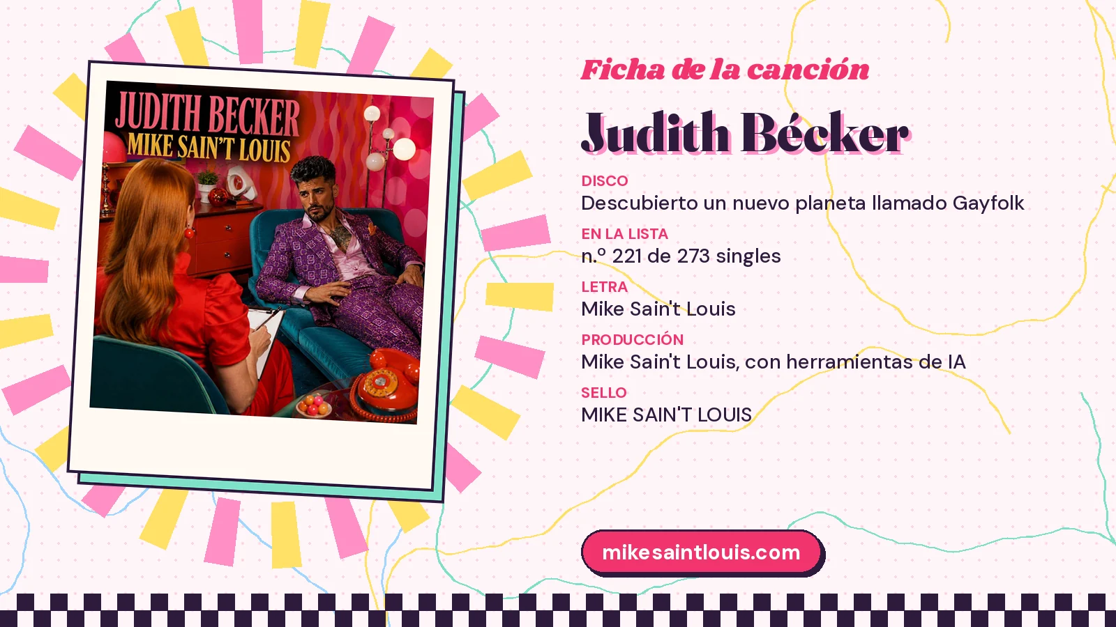 Ficha de la canción «Judith Bécker» con su carátula: disco «Descubierto un nuevo planeta llamado Gayfolk», letra y producción de Mike Sain't Louis