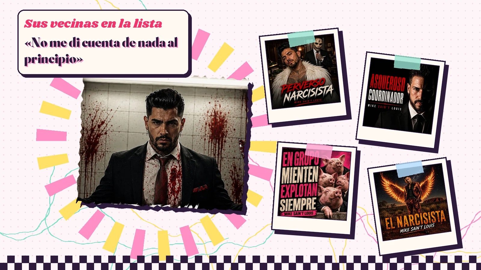 Collage con un detalle de la carátula de «Usted Es un Puto Narci Psico Encubierto» y las carátulas de «Perverso Narcisista», «Asqueroso Coordinador», «En Grupo Mienten Explotan Siempre», «El Narcisista»