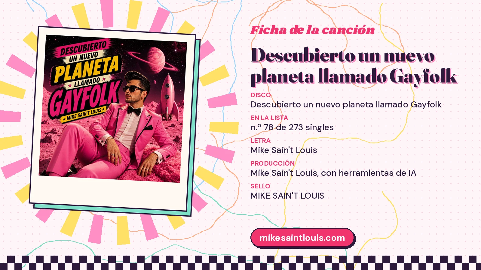 Ficha de la canción «Descubierto un nuevo planeta llamado Gayfolk» con su carátula: disco «Descubierto un nuevo planeta llamado Gayfolk», letra y producción de Mike Sain't Louis