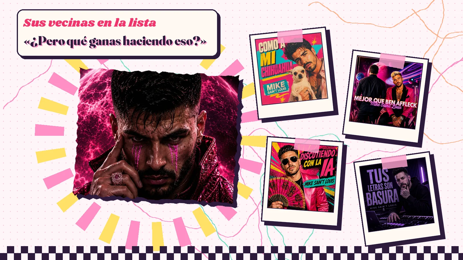 Collage with a detail of the «El segundo exacto» cover art and the covers of «Como a mi chihuahua», «Mejor que Ben Affleck», «Discutiendo con la IA» and «Tus letras son basura»