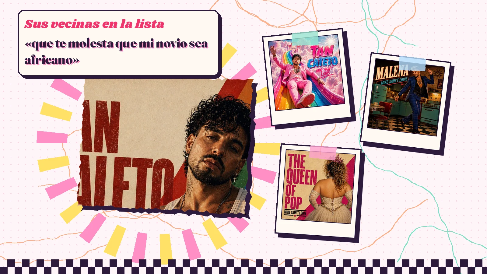 Collage with a detail of the «Tan paleto» cover art and the covers of «Tan cateto», «Malena» and «The Queen of Pop»