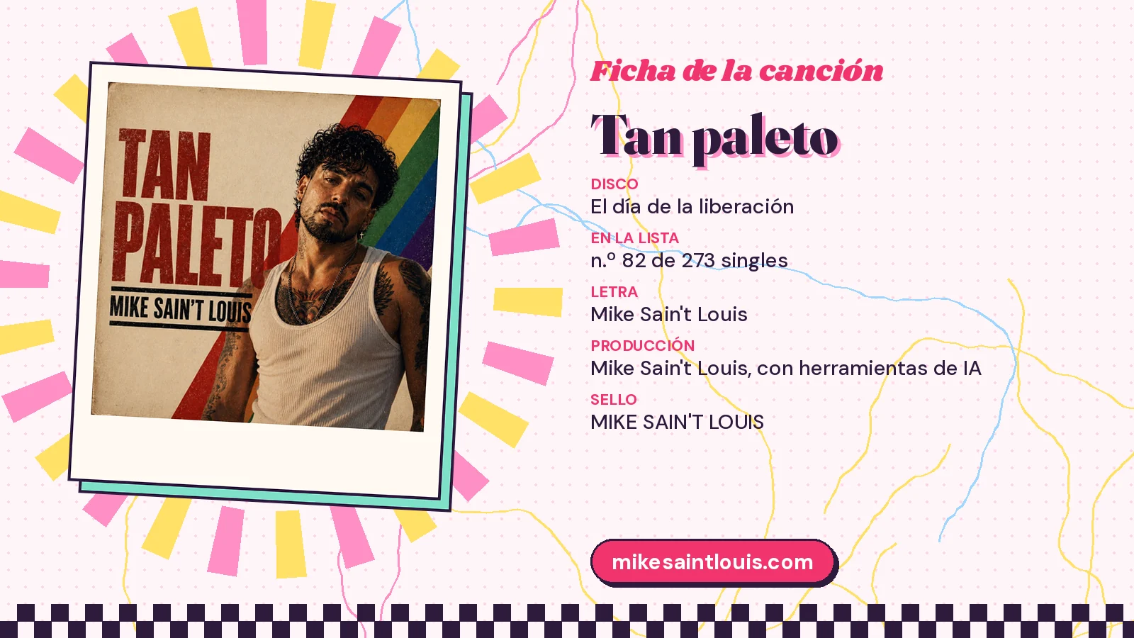Song card for «Tan paleto» with its cover art: from the album «El día de la liberación», lyrics and production by Mike Sain't Louis