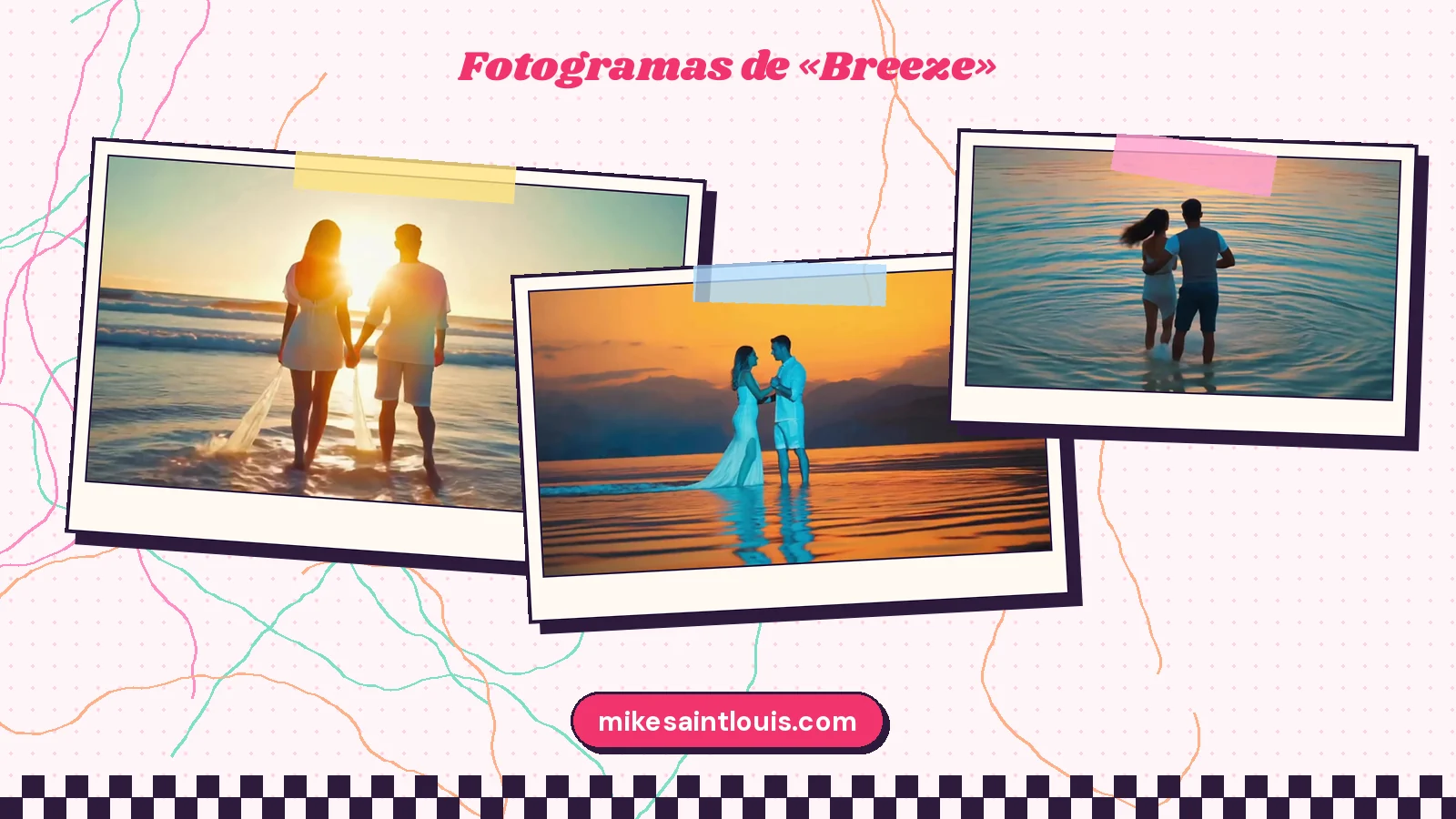 Tres fotogramas de «Breeze»: una pareja de blanco a contraluz cogida de la mano en la orilla, abrazada sobre un agua dorada como un espejo y bailando con el mar por las rodillas
