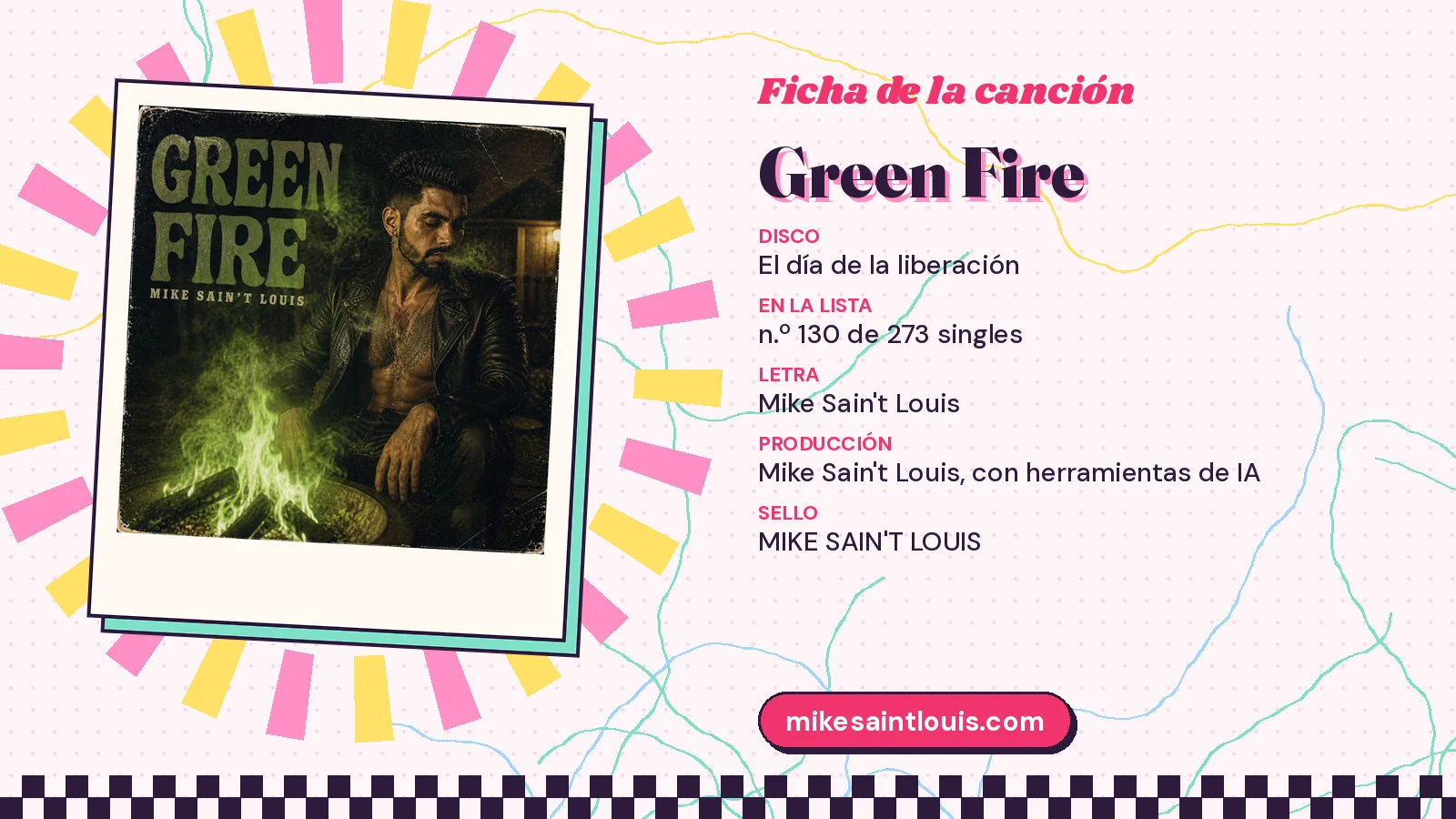 Ficha de la canción «Green Fire» con su carátula: disco «El día de la liberación», letra y producción de Mike Sain't Louis
