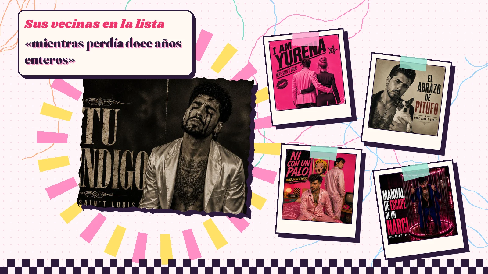 Collage con un detalle de la carátula de «Tu mendigo» y las carátulas de «I Am Yurena», «El abrazo de Pitufo», «Ni con un palo», «Manual de escape de un narci»