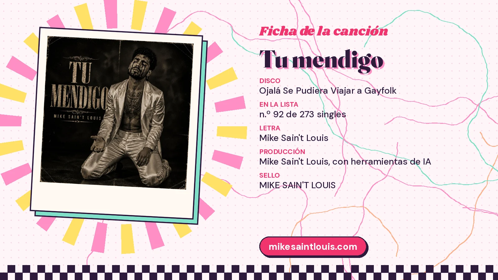 Ficha de la canción «Tu mendigo» con su carátula: disco «Ojalá Se Pudiera Viajar a Gayfolk», letra y producción de Mike Sain't Louis