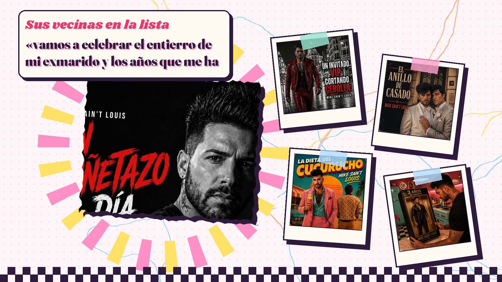 Collage con un detalle de la carátula de «Un puñetazo al dia» y las carátulas de «Un invitado VIP cortando cebolla», «El anillo de casado», «La Dieta del Cucurrucho», «3 años de garantía»