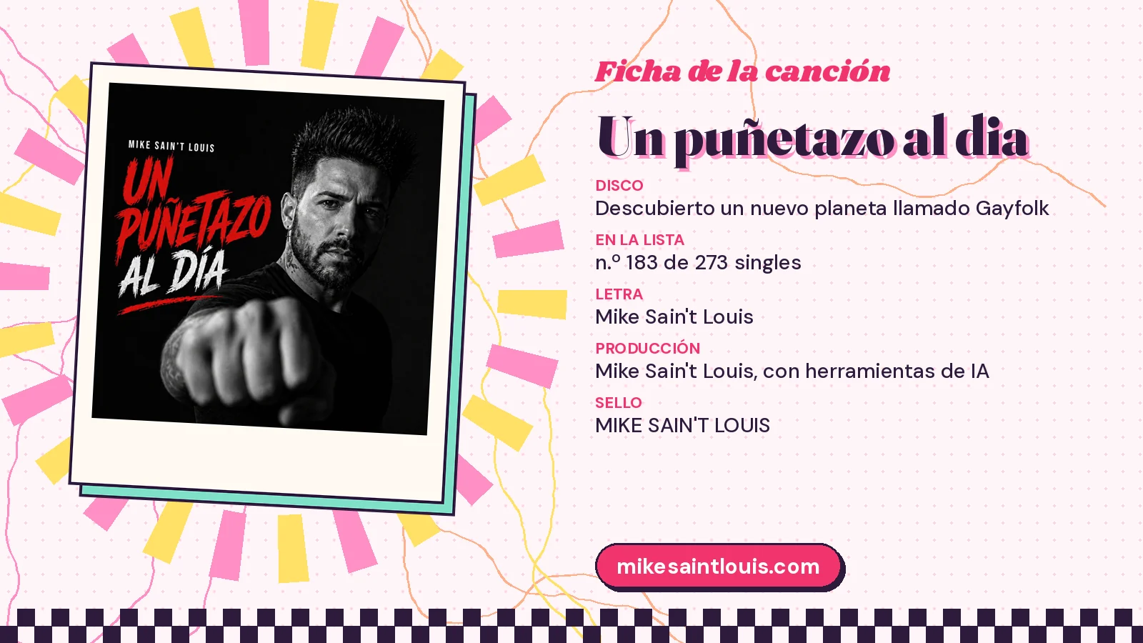 Ficha de la canción «Un puñetazo al dia» con su carátula: disco «Descubierto un nuevo planeta llamado Gayfolk», letra y producción de Mike Sain't Louis