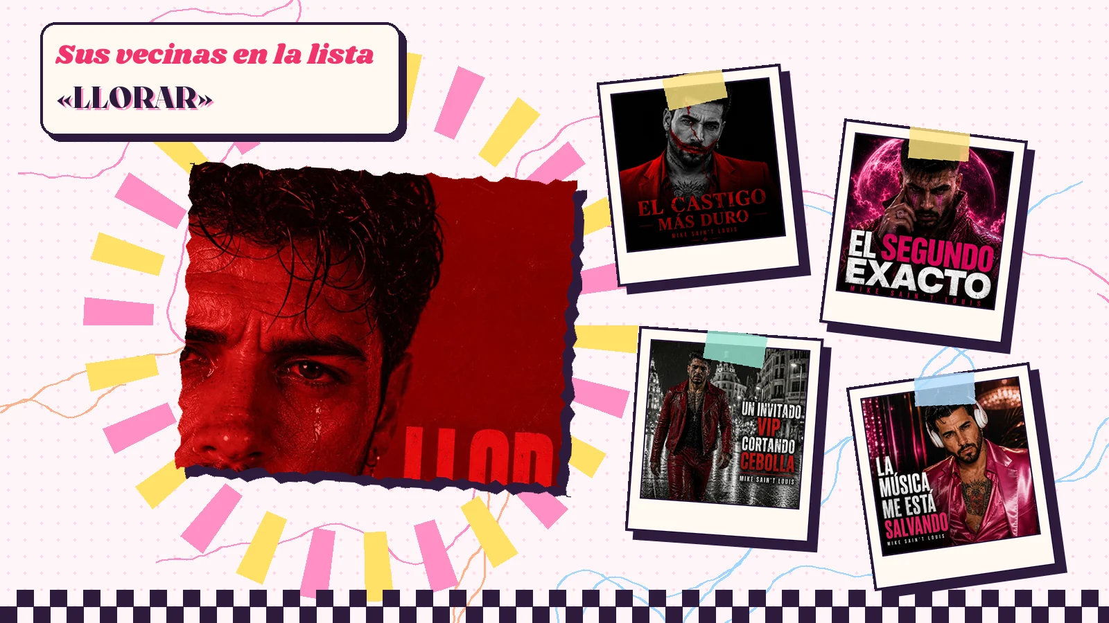 Collage with a detail of the «LLORAR» cover art and the covers of «El castigo más duro», «El segundo exacto», «Un invitado VIP cortando cebolla» and «La música me está salvando»