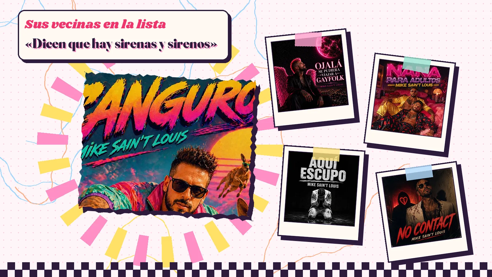 Collage with a detail of the «Canguros» cover art and the covers of «Ojalá se pudiera viajar a GAYFOLK», «Nana para adultos», «Aquí escupo» and «No Contact»