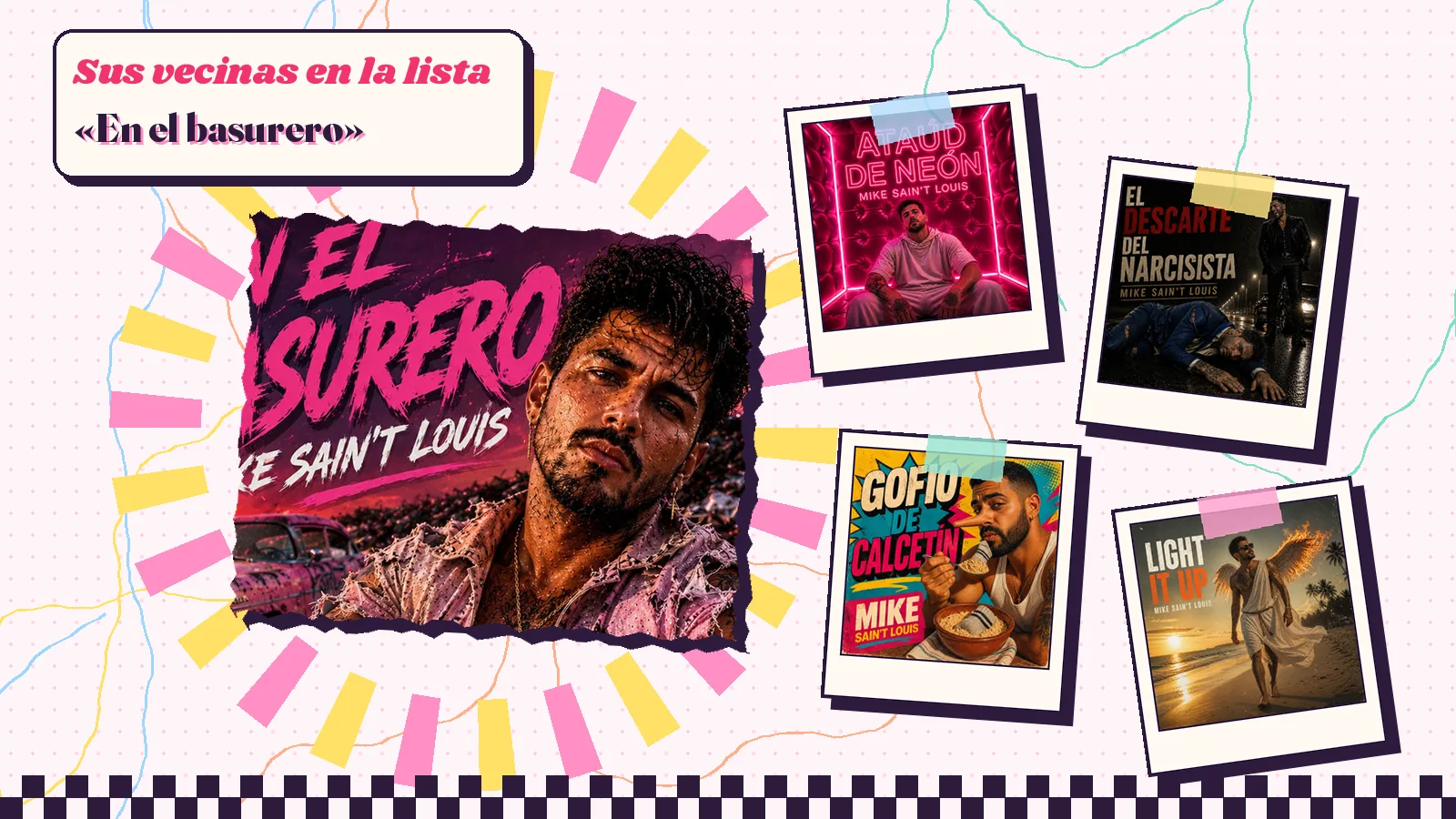 Collage with a detail of the «En el basurero» cover art and the covers of «Ataúd de neón», «El descarte del narcisista», «Gofio de calcetín» and «Light It Up»