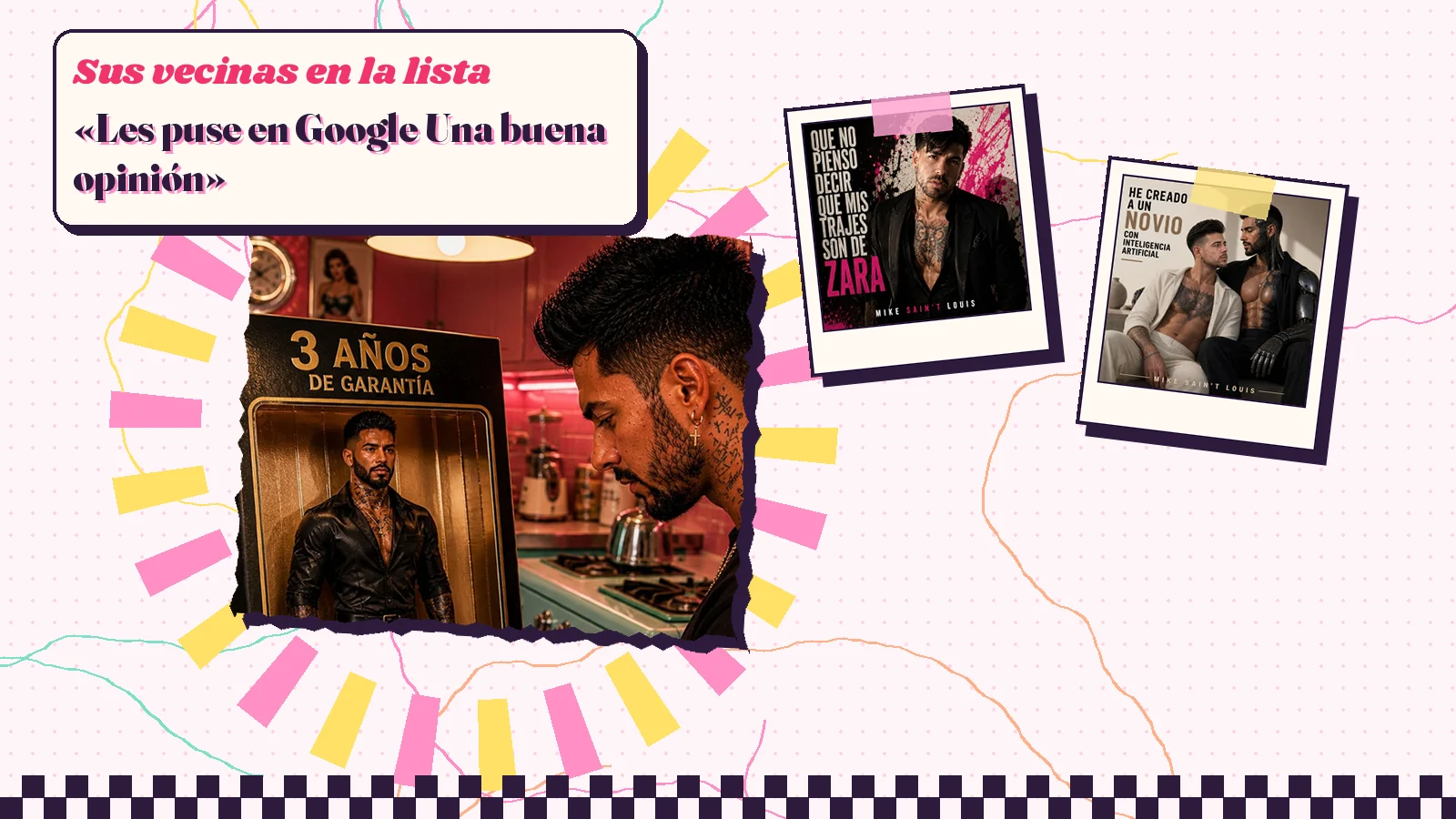 Collage con un detalle de la carátula de «3 Años de Garantía» y las carátulas de «¡Que no pienso decir que mis trajes son de Zara!», «He creado un novio con inteligencia artificial»