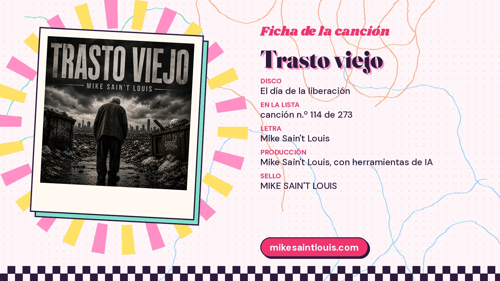 Ficha de la canción «Trasto viejo» con su carátula: disco «El día de la liberación», letra y producción de Mike Sain't Louis