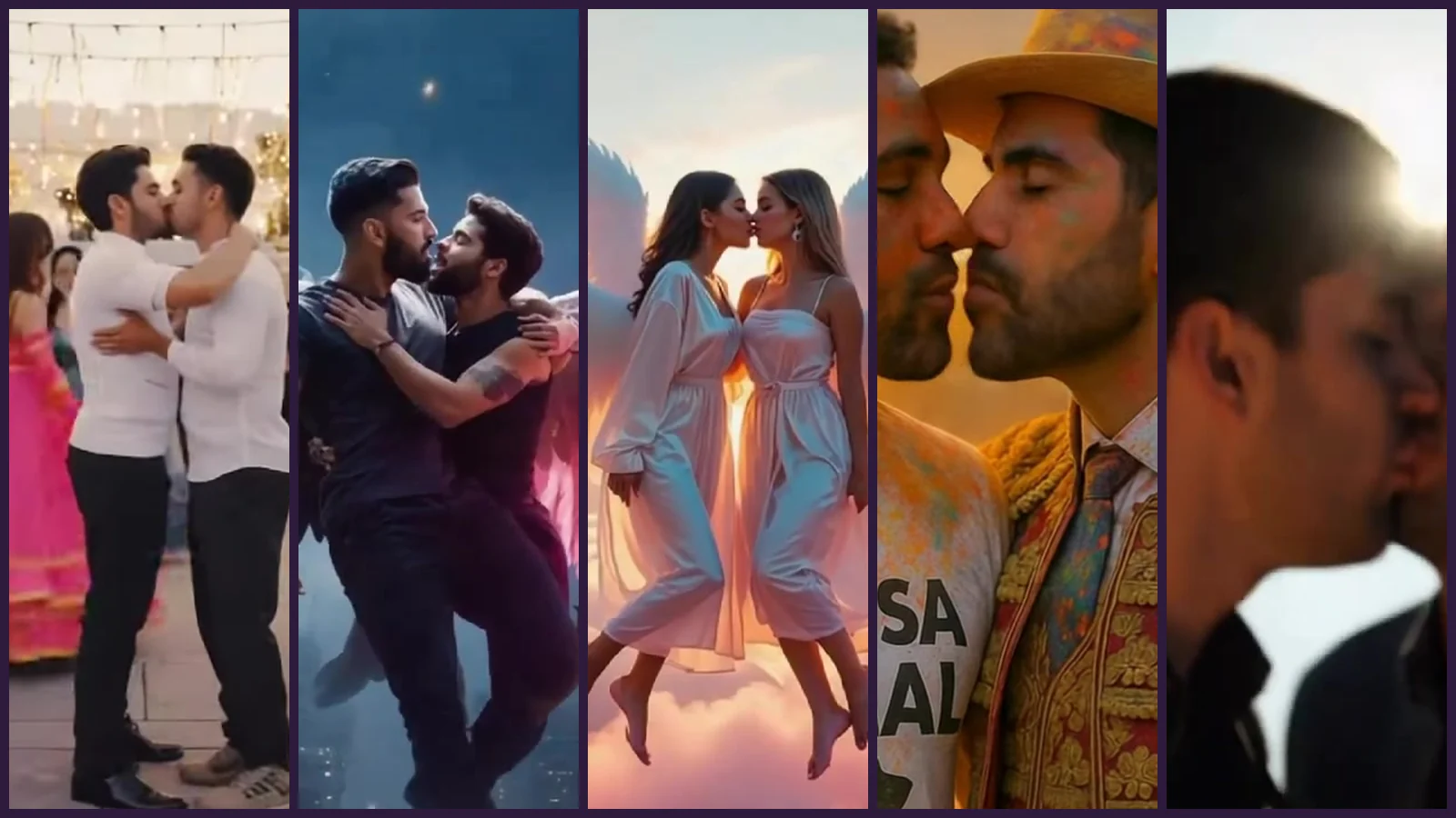 Cinco franjas de videoclips de Mike Sain't Louis: dos chicos con camisa blanca se besan en una verbena, dos hombres con alas se abrazan sobre una ciudad nocturna, dos chicas ángel se besan sobre nubes rosas, un chico con camiseta de defensa animal besa a un torero y dos chicos se besan a contraluz en una playa