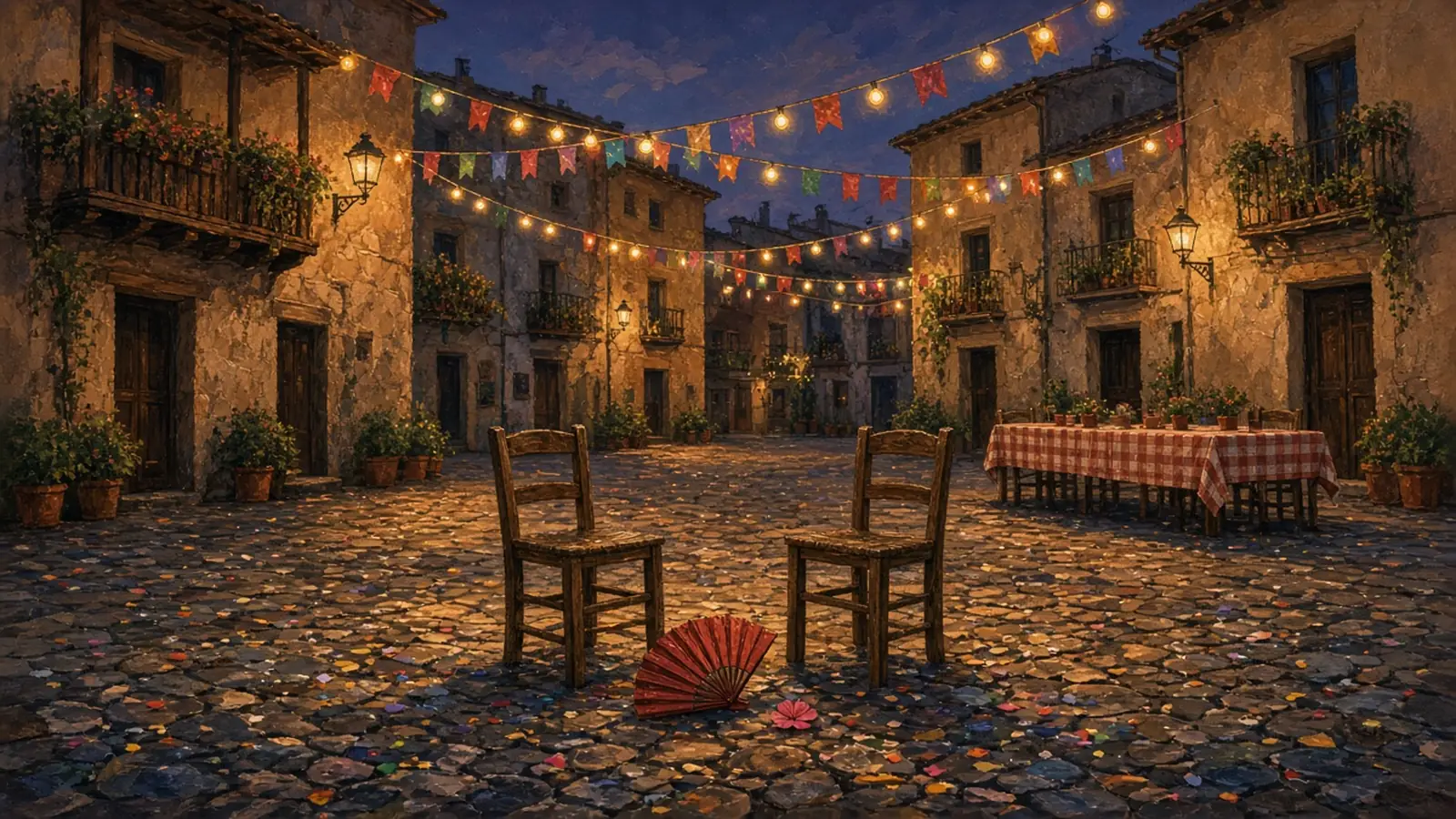 Ilustración sin personas de una plaza de pueblo de noche tras la verbena, con guirnaldas de bombillas y banderines, dos sillas de madera enfrentadas sobre el empedrado y un abanico rojo en el suelo