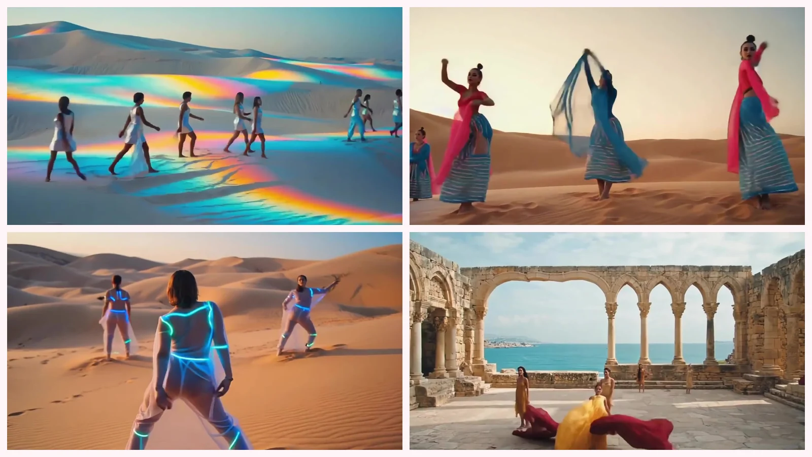 Mosaico de cuatro fotogramas del videoclip de «Honolulu Sand»: bailarinas de blanco caminando por dunas cruzadas por franjas de luz de arcoíris, tres mujeres con faldas de rayas y pañuelos fucsia y celeste en dunas doradas, bailarinas con trajes recorridos por tubos de neón azul en la arena al atardecer y unas ruinas de arcos de piedra frente a una bahía azul