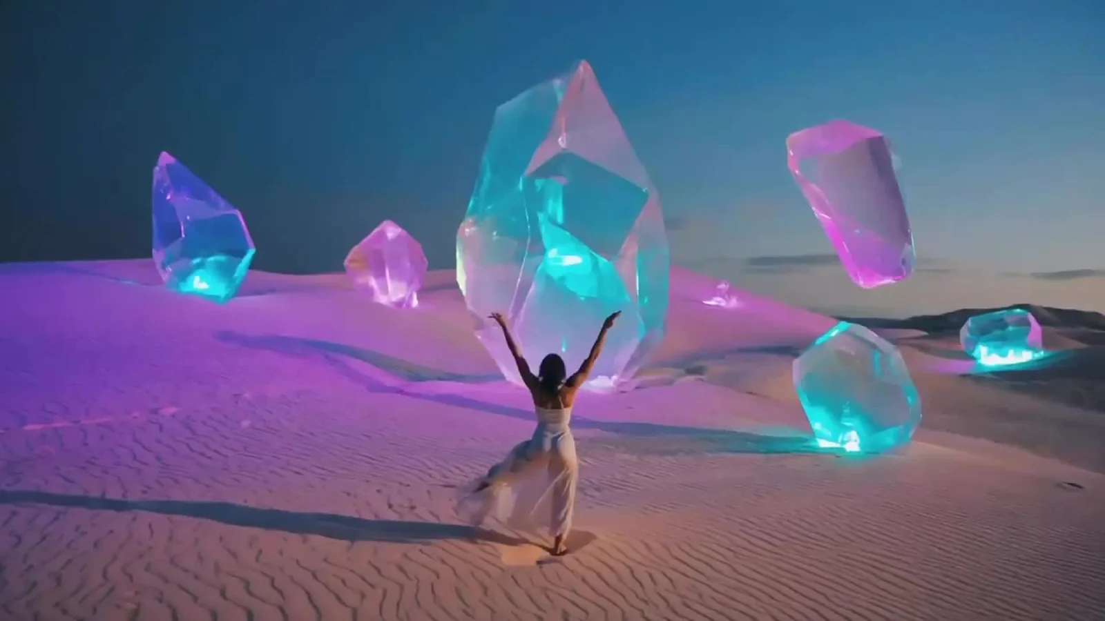 Fotograma del videoclip de «Whisper Fade»: una bailarina de puntillas entre gemas gigantes de color turquesa, rosa y transparente suspendidas sobre una llanura de arena malva