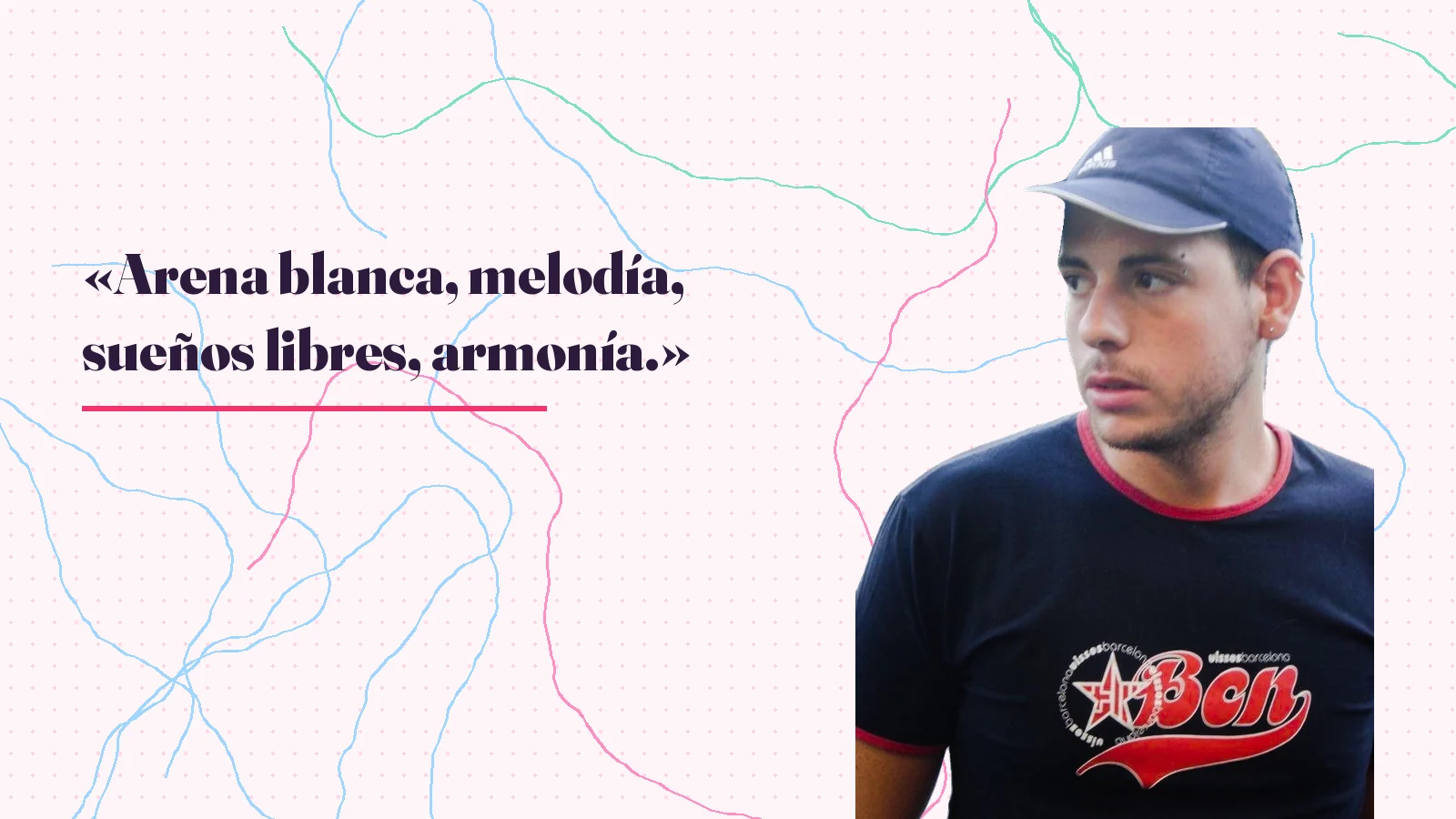 Foto real de Mike Sain't Louis con gorra azul junto a los versos de «María, María» «Arena blanca, melodía, sueños libres, armonía»