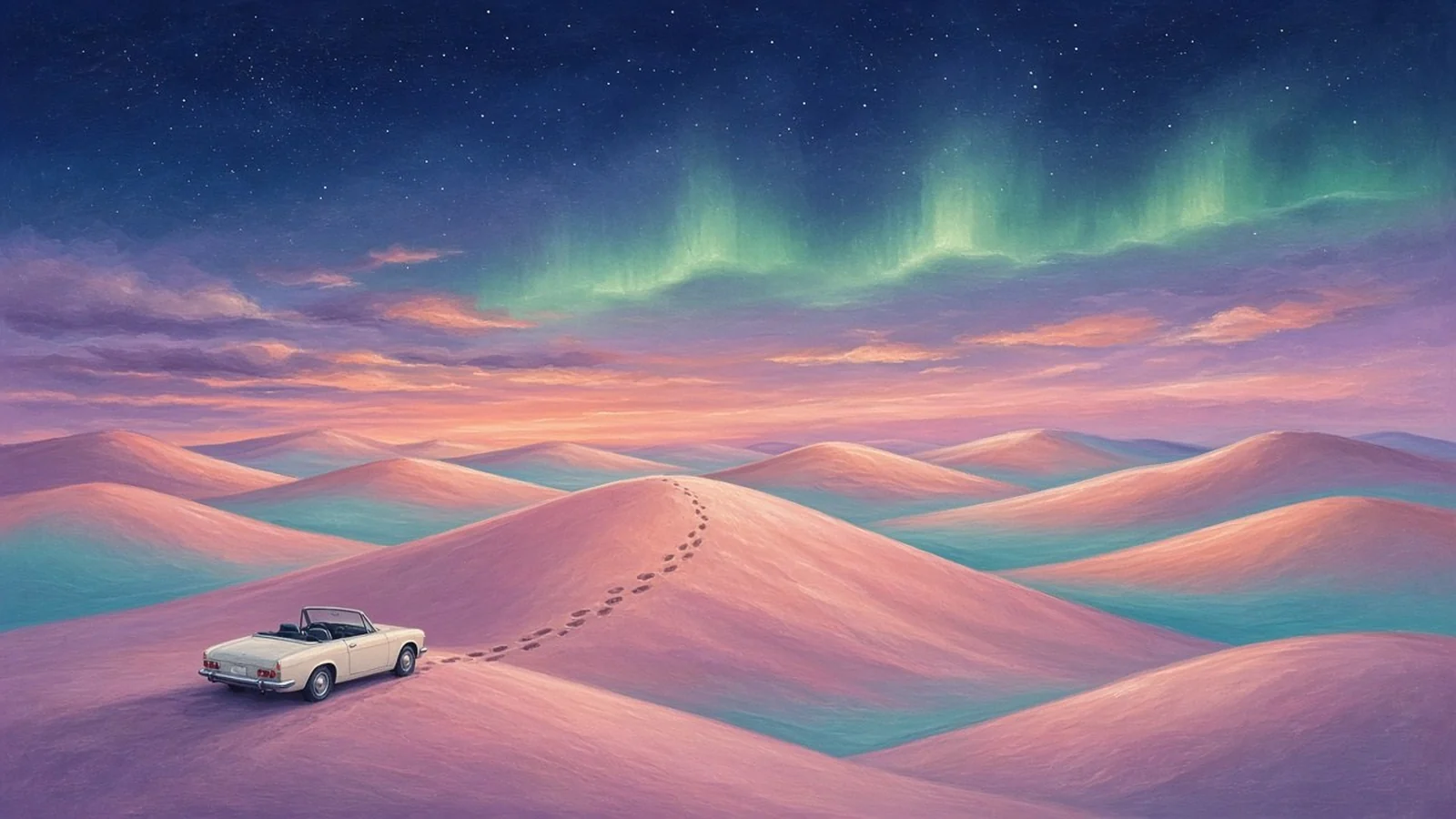 Ilustración sin personas de dunas con franjas rosas, lilas y turquesa al anochecer, con un descapotable blanco aparcado, una fila de huellas que sube por una duna y una aurora verde en el cielo estrellado