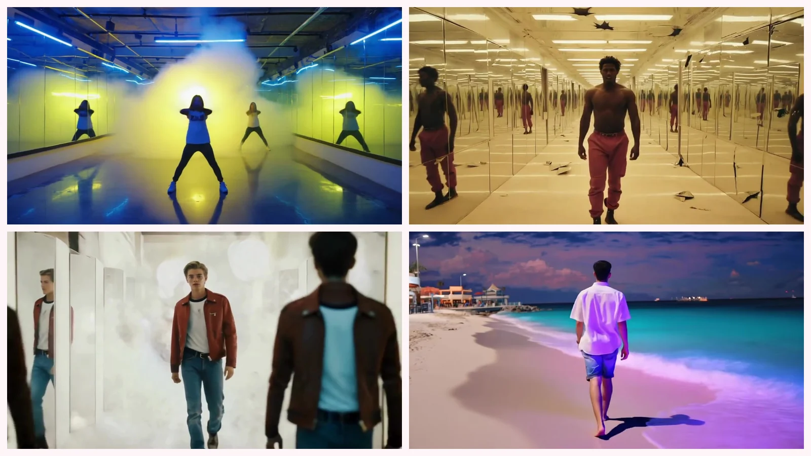 Mosaico de cuatro fotogramas de mis videoclips con figuras repetidas: una bailarina de azul y sus reflejos en el cuarto amarillo de «Gaslighting», el pasillo dorado de espejos de «Can't Wait», el chico de chaqueta roja con su copia en «Mirror» y un paseo por la orilla de «Ride the Wave»