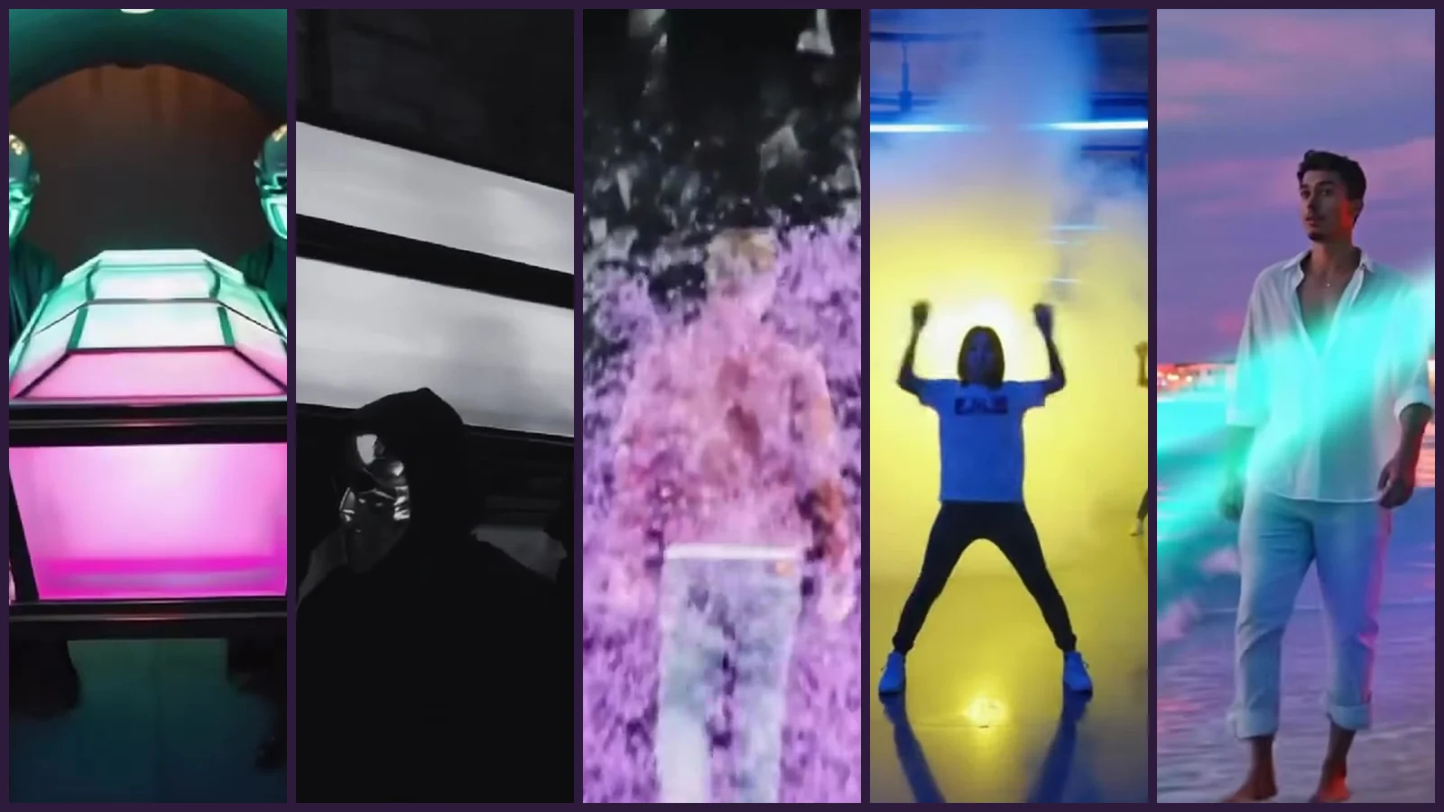 Cinco franjas verticales de videoclips de Planeta Gayfolk: el ataúd rosa de «Can't Wait», una máscara plateada de «In the Quiet Room», la copia del chico de «Mirror» entre partículas violetas, la bailarina de «Gaslighting» y un chico de blanco entre rayos de luz en «Ride the Wave»