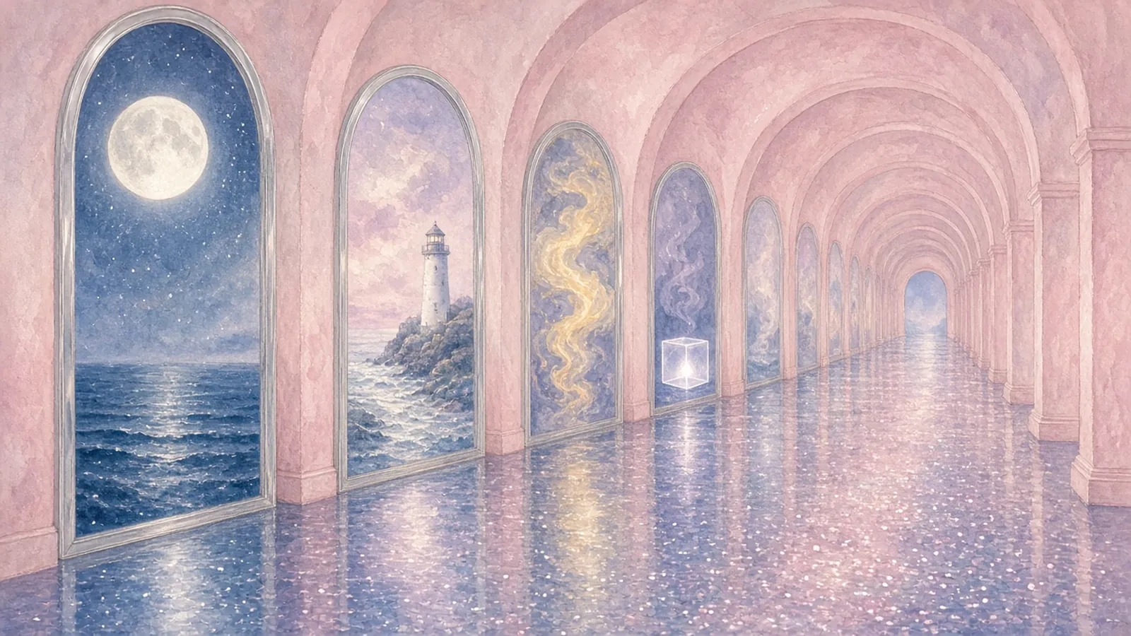 Ilustración sin personas de un pasillo rosa de arcos con espejos altos que reflejan una luna sobre el mar, un faro, humo amarillo y una caja de cristal luminosa, con el suelo cubierto de purpurina