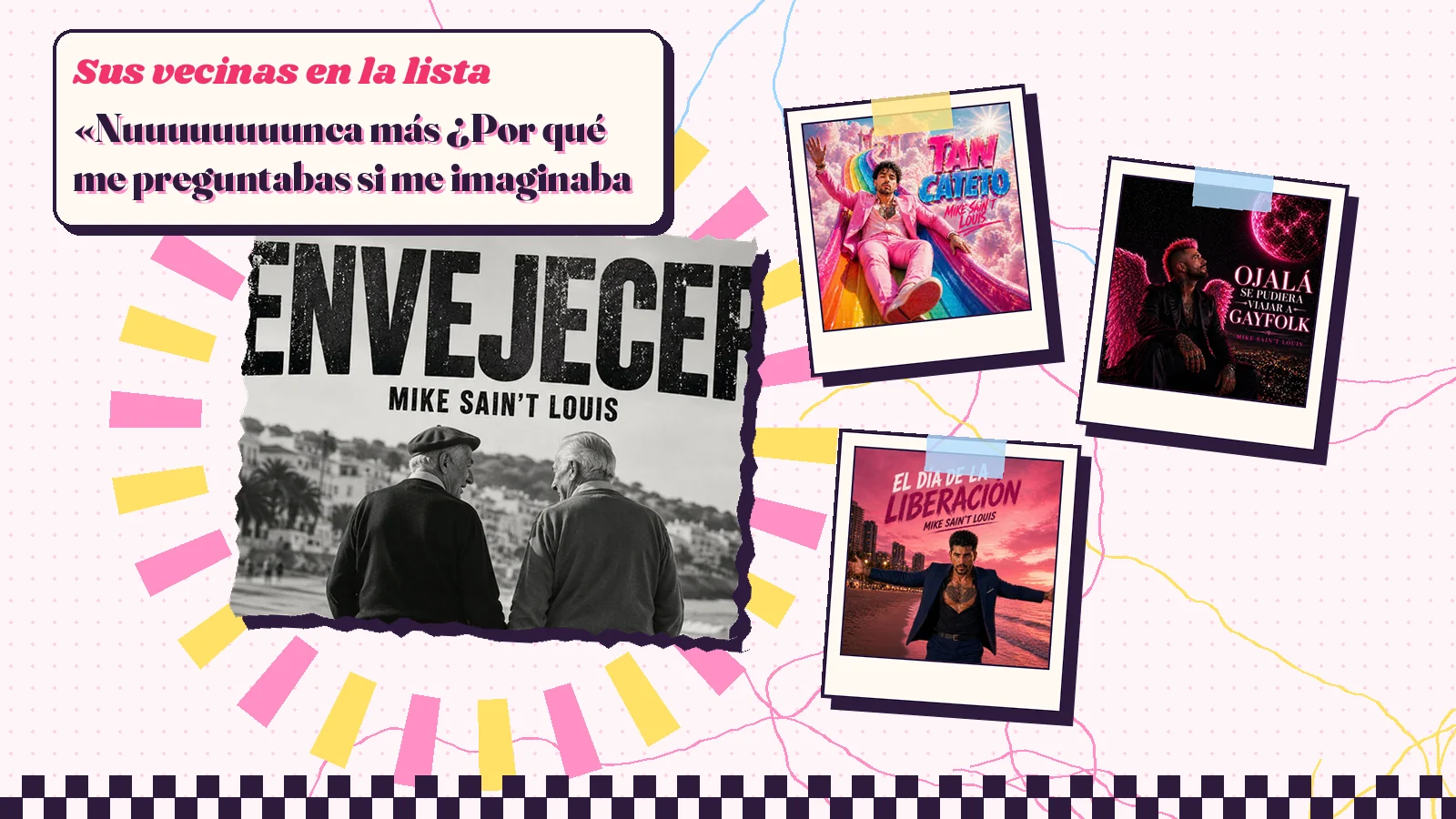 Collage con un detalle de la carátula de «Envejecer» y las carátulas de «Tan cateto», «Ojalá se pudiera viajar a Gayfolk», «El día de la liberación»