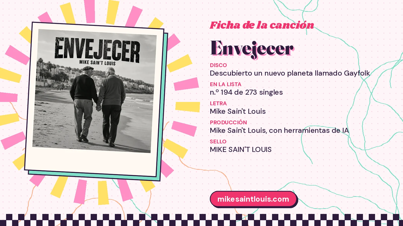 Ficha de la canción «Envejecer» con su carátula: disco «Descubierto un nuevo planeta llamado Gayfolk», letra y producción de Mike Sain't Louis