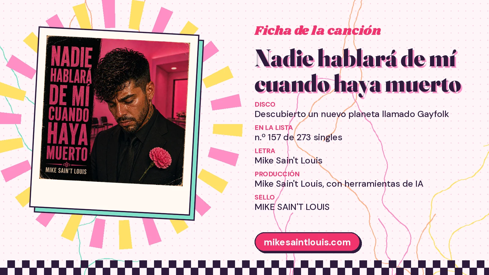 Ficha de la canción «Nadie hablará de mí cuando haya muerto» con su carátula: disco «Descubierto un nuevo planeta llamado Gayfolk», letra y producción de Mike Sain't Louis