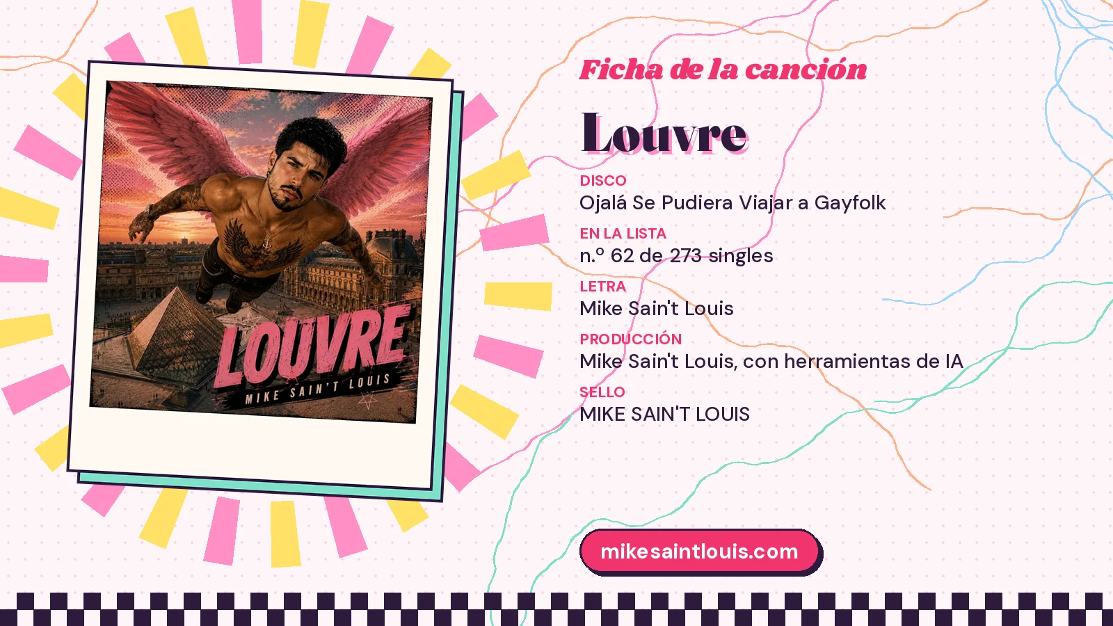 Ficha de la canción «Louvre» con su carátula: disco «Ojalá Se Pudiera Viajar a Gayfolk», letra y producción de Mike Sain't Louis