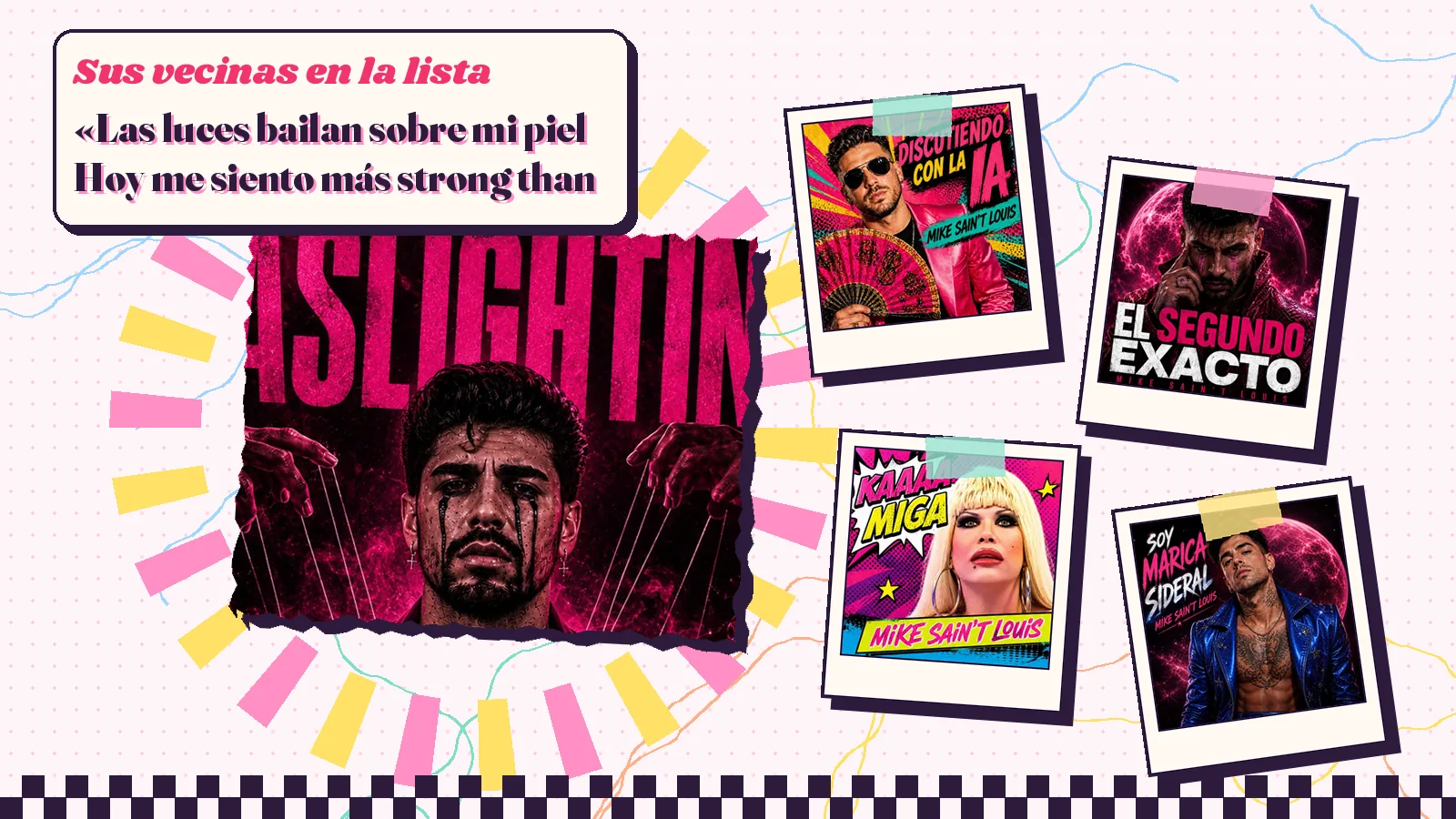 Collage con un detalle de la carátula de «Gaslighting» y las carátulas de «Discutiendo con la IA», «El segundo exacto», «Kaaa miga», «Soy marica sideral»