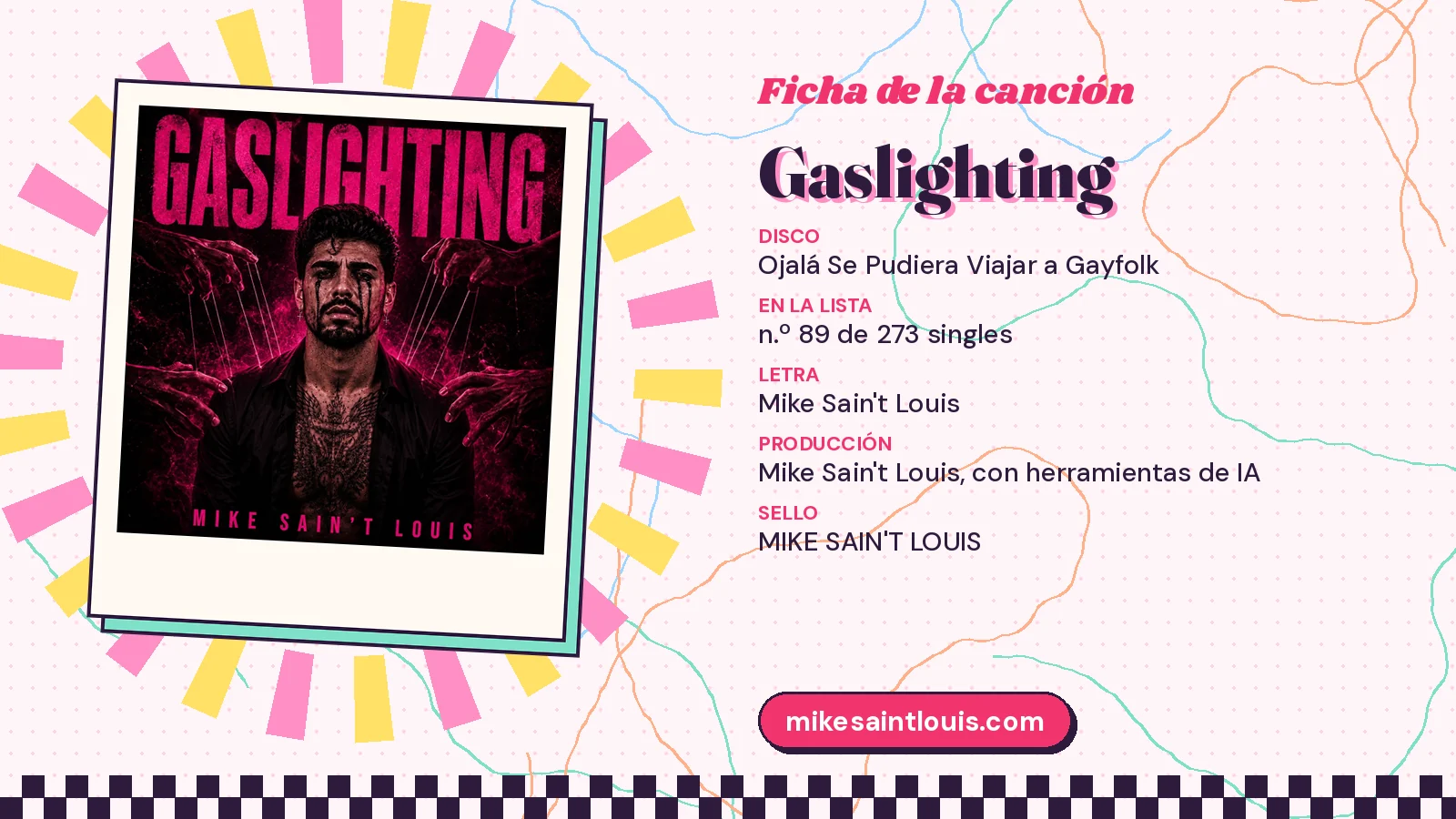 Ficha de la canción «Gaslighting» con su carátula: disco «Ojalá Se Pudiera Viajar a Gayfolk», letra y producción de Mike Sain't Louis