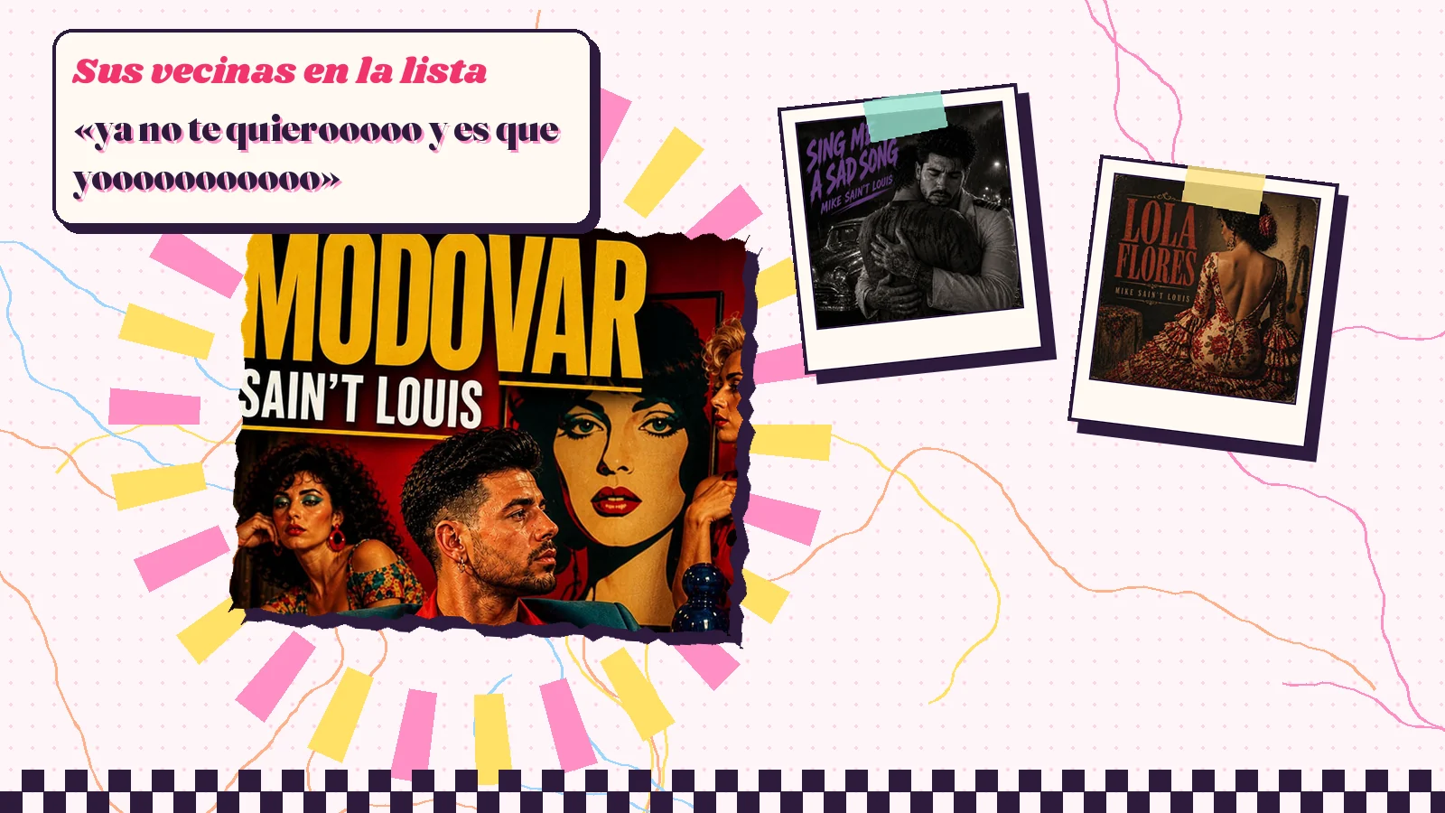 Collage with a detail of the «AlmodóVar» cover art and the covers of «Sing Me a Sad Song» and «Lola Flores»