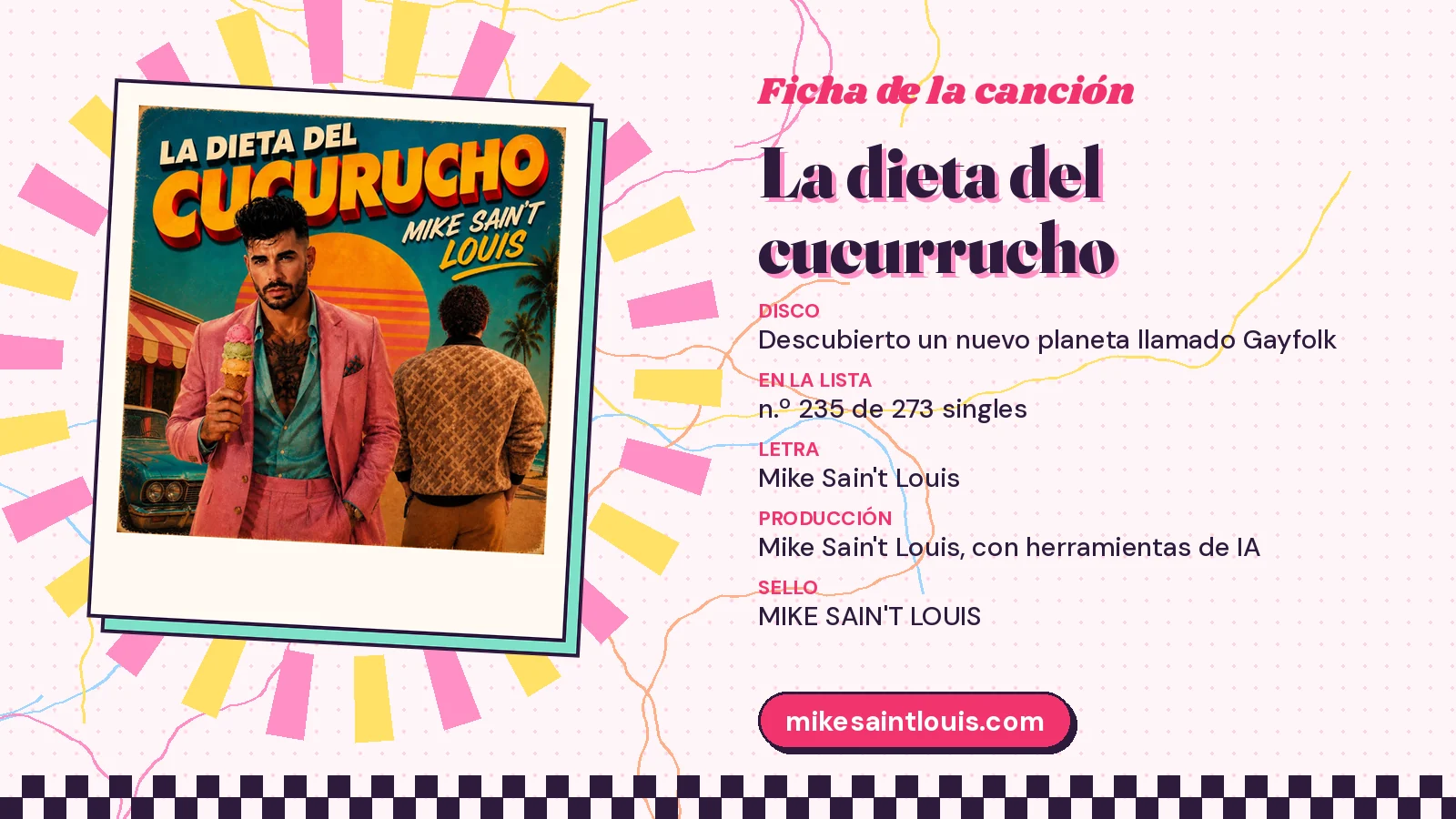 Ficha de la canción «La dieta del cucurrucho» con su carátula: disco «Descubierto un nuevo planeta llamado Gayfolk», letra y producción de Mike Sain't Louis