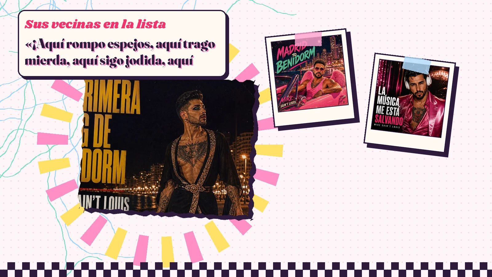Collage con un detalle de la carátula de «La primera drag de Benidorm» y las carátulas de «Madrid to Benidorm», «La música me está salvando»
