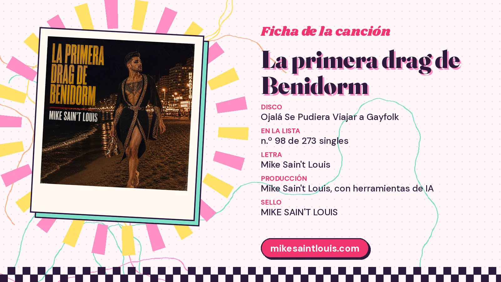Ficha de la canción «La primera drag de Benidorm» con su carátula: disco «Ojalá Se Pudiera Viajar a Gayfolk», letra y producción de Mike Sain't Louis