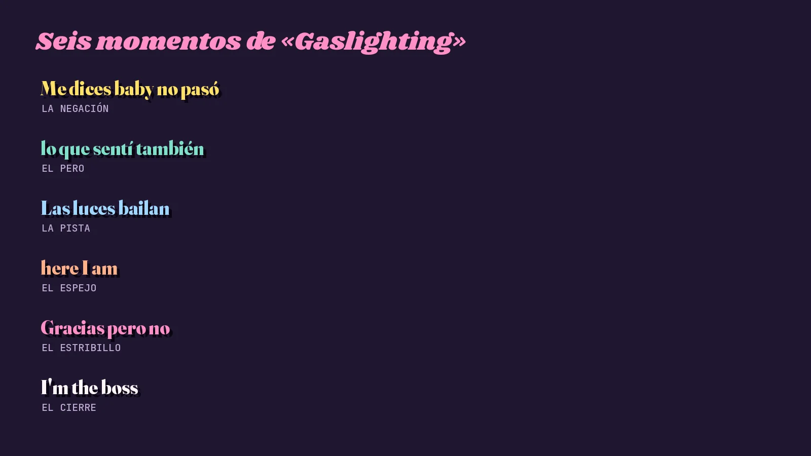 Tarjeta oscura con seis fragmentos de «Gaslighting» de Mike Sain't Louis, de la negación inicial al cierre I'm the boss