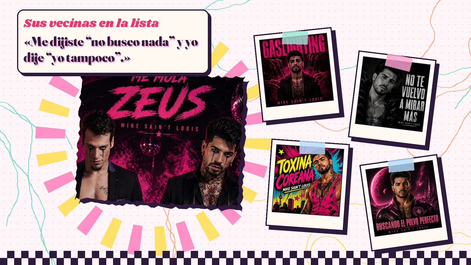 Collage with a detail of the «Me mola Zeus» cover art and the covers of «Gaslighting», «No te vuelvo a mirar más», «Toxina coreana» and «Buscando el polvo perfecto»