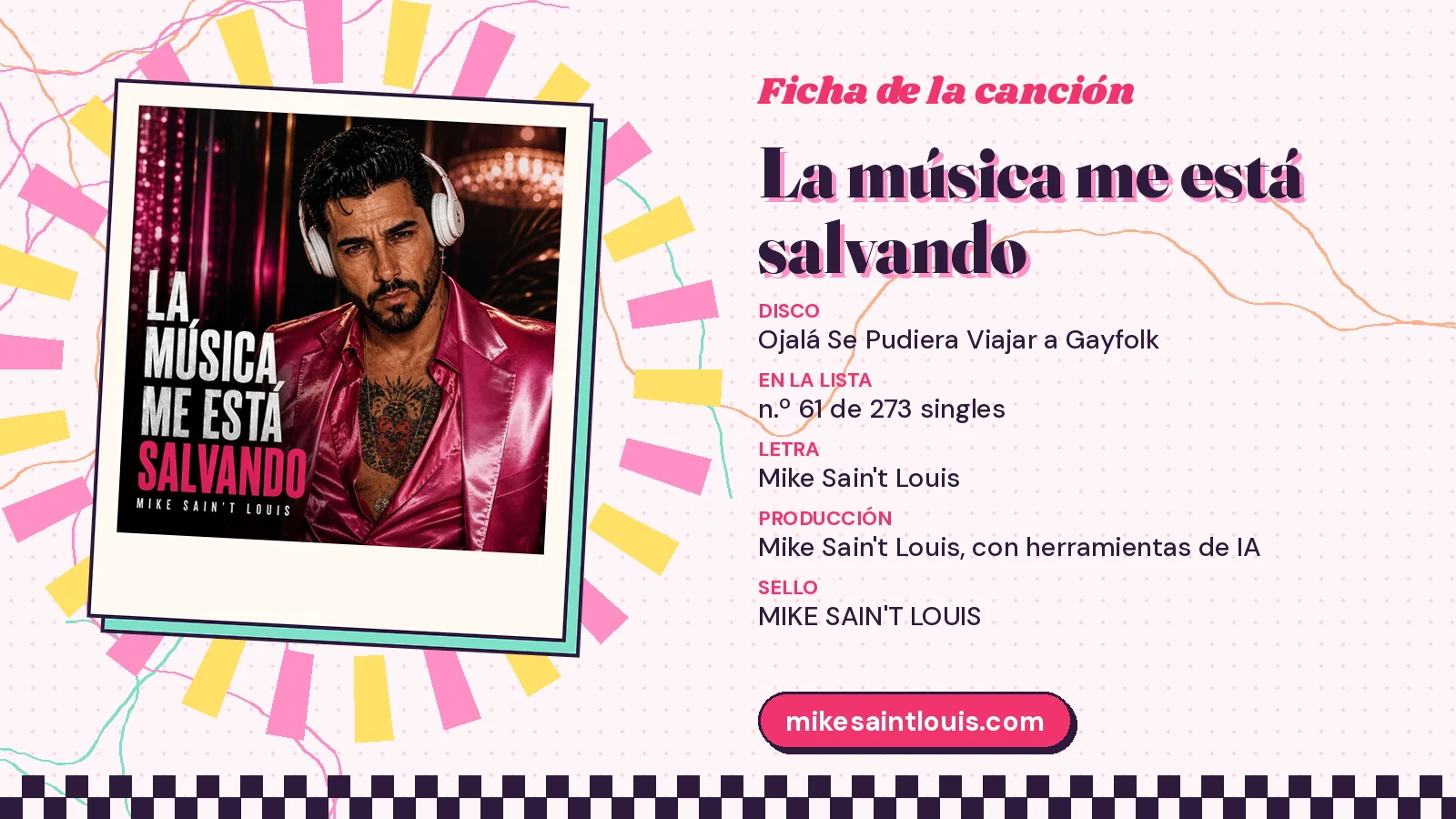 Ficha de la canción «La música me está salvando» con su carátula: disco «Ojalá Se Pudiera Viajar a Gayfolk», letra y producción de Mike Sain't Louis