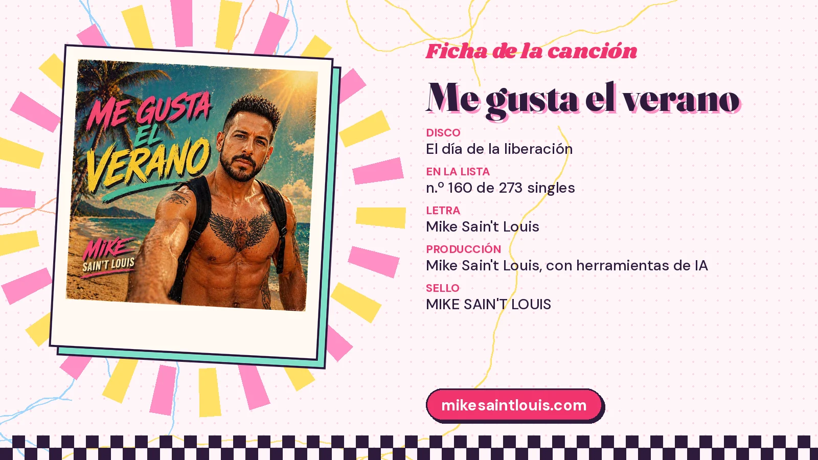 Ficha de la canción «Me gusta el verano» con su carátula: disco «El día de la liberación», letra y producción de Mike Sain't Louis