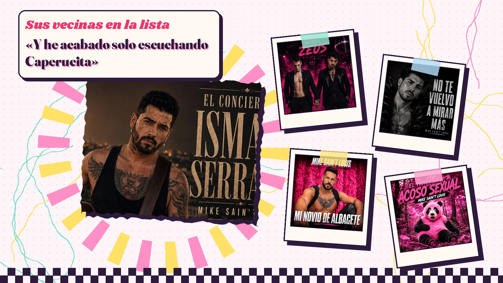 Collage with a detail of the «El concierto de Ismael Serrano» cover art and the covers of «Me mola Zeus», «No te vuelvo a mirar más», «Mi novio de Albacete» and «El panda del acoso sexual»