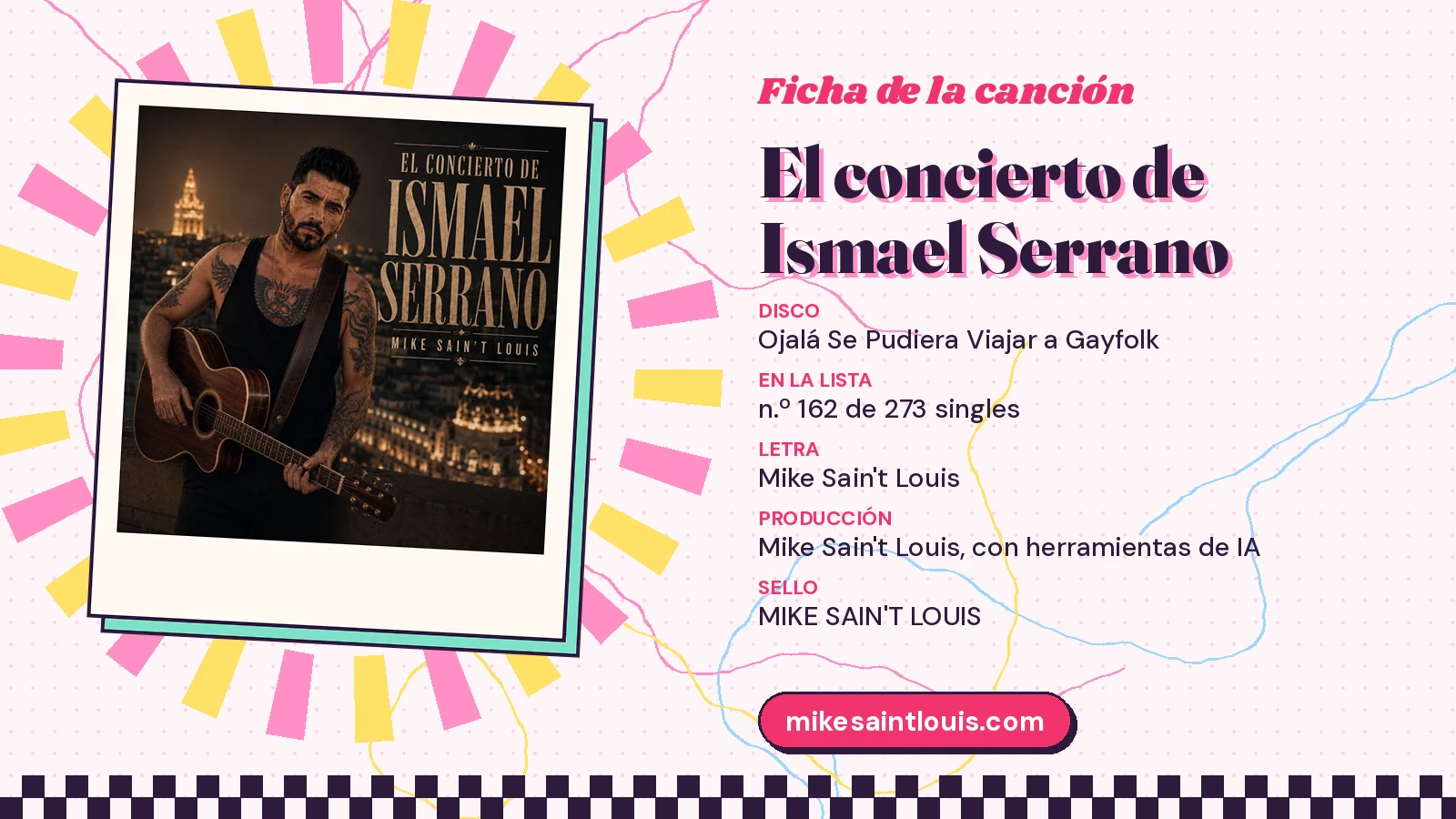 Song card for «El concierto de Ismael Serrano» with its cover art: from the album «Ojalá Se Pudiera Viajar a Gayfolk», lyrics and production by Mike Sain't Louis